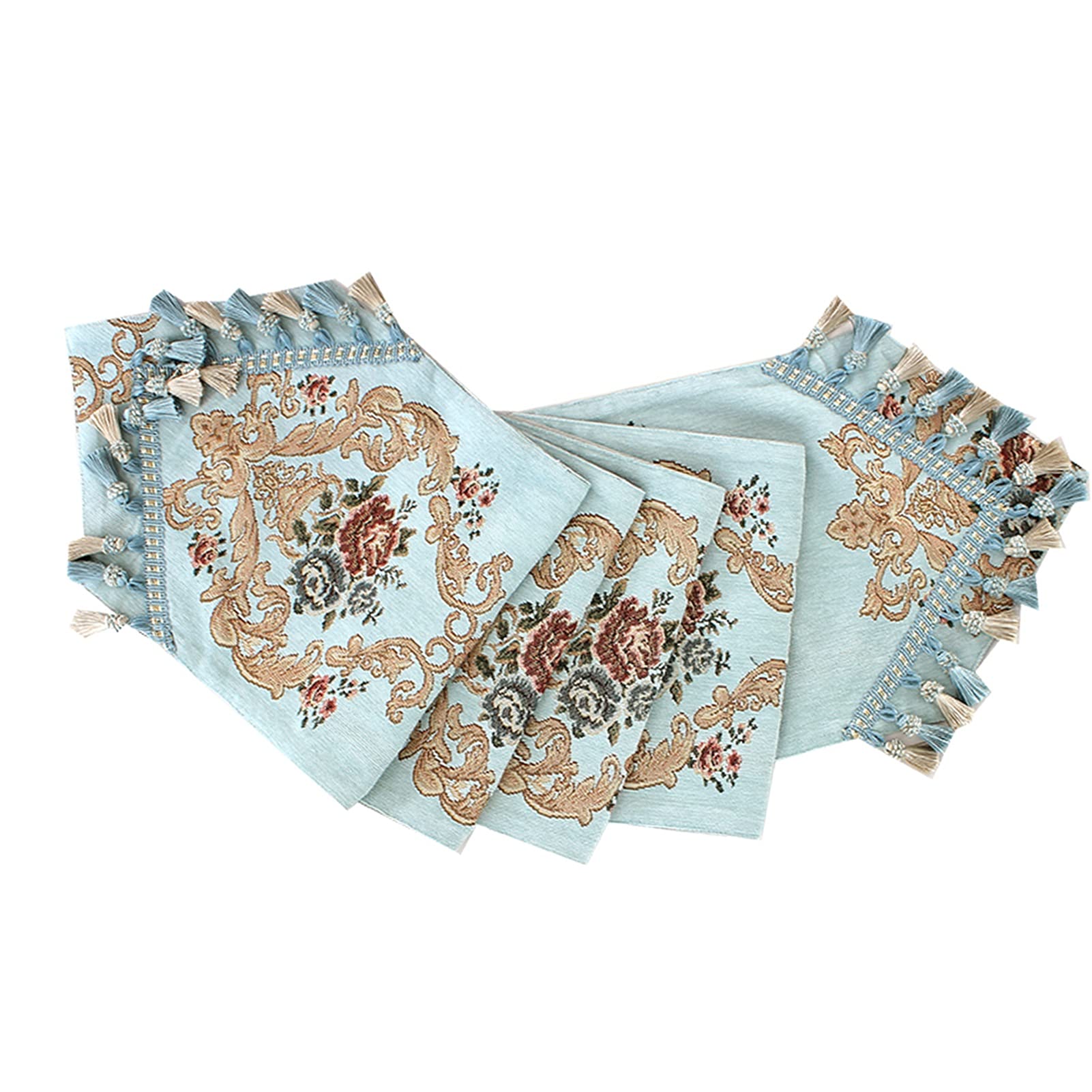 Chemin de table de fête motif floral bleu brodé 30 x 180 cm