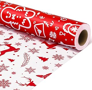 Iioscre Reversible Christmas Wrapping Paper, Santa Gift Wrapping Paper Roll, Red White Reindeer and Snowflake Wrapping Paper for New Year, Holiday, Party, 17 Inch X 32.8 Feet