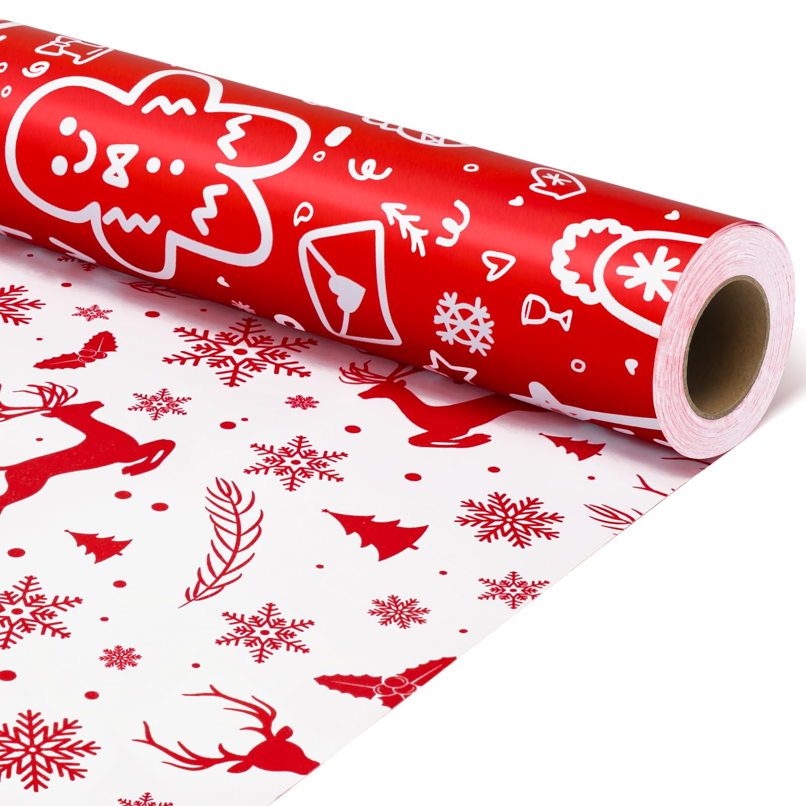 Iioscre Dwustronny papier do pakowania bożonarodzeniowego, rolka papieru do pakowania prezentów Świętego Mikołaja, czerwony biały renifer i płatek śniegu papier do pakowania na Nowy Rok, wakacje