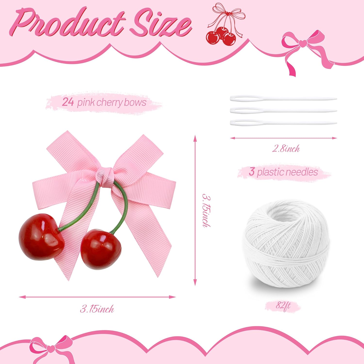 24 Pcs Cherry Party Decorations Pink Bow Cherry Garland DIY Hanging Decor for Birthday Baby Shower Bachelorette Wedding Hanging Ornaments for Shes The Cherry on Top Party