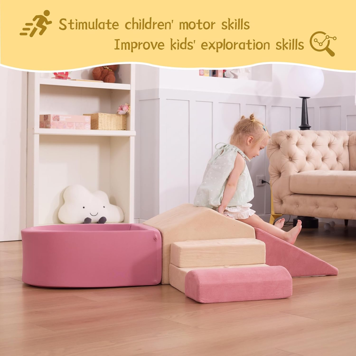 Foam Climbing Blocks with Ball Pit, Climbing Toys for Toddlers, Foam Climb and Crawl Activity Playset Indoor, Soft Play Equipment for Toddler Crawling Sliding Playing (Excluding Balls)