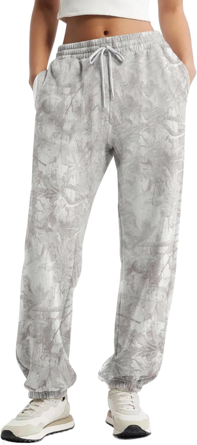 Womens Baggy Wige Leg Camo Sweatpants Fleece Y2k Camouflage Cargo Pants Elastic Waist Drawstring Joggers Streetwear