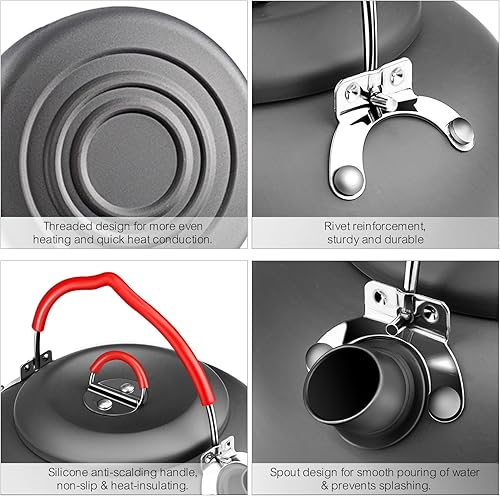 Miniatura 2 de Alocs Tetera de 1.4 L, cafetera portátil para acampar, hervidor de aluminio anodizado duro, hervidor de té compacto para estufa, al aire libre,