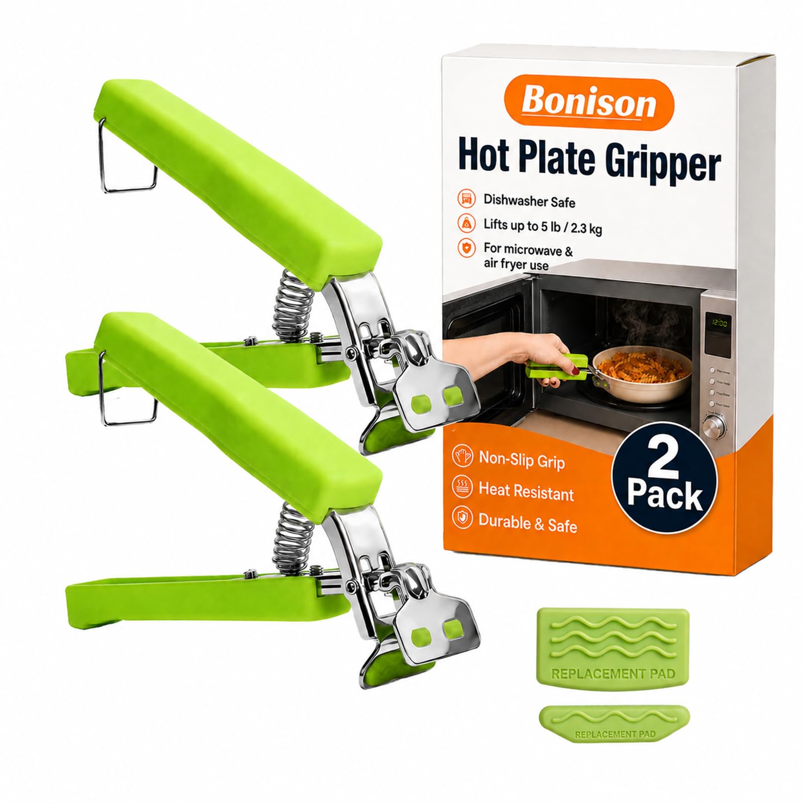Bonison Green 2 Pack Hot Plate Gripper, Anti Scald Bowl Holder Clip With Silicone Pads, Stainless Steel Plate Gripper Tongs For Microwave Air Fryer Oven Steamer Hot Bowls Dishes And Trays