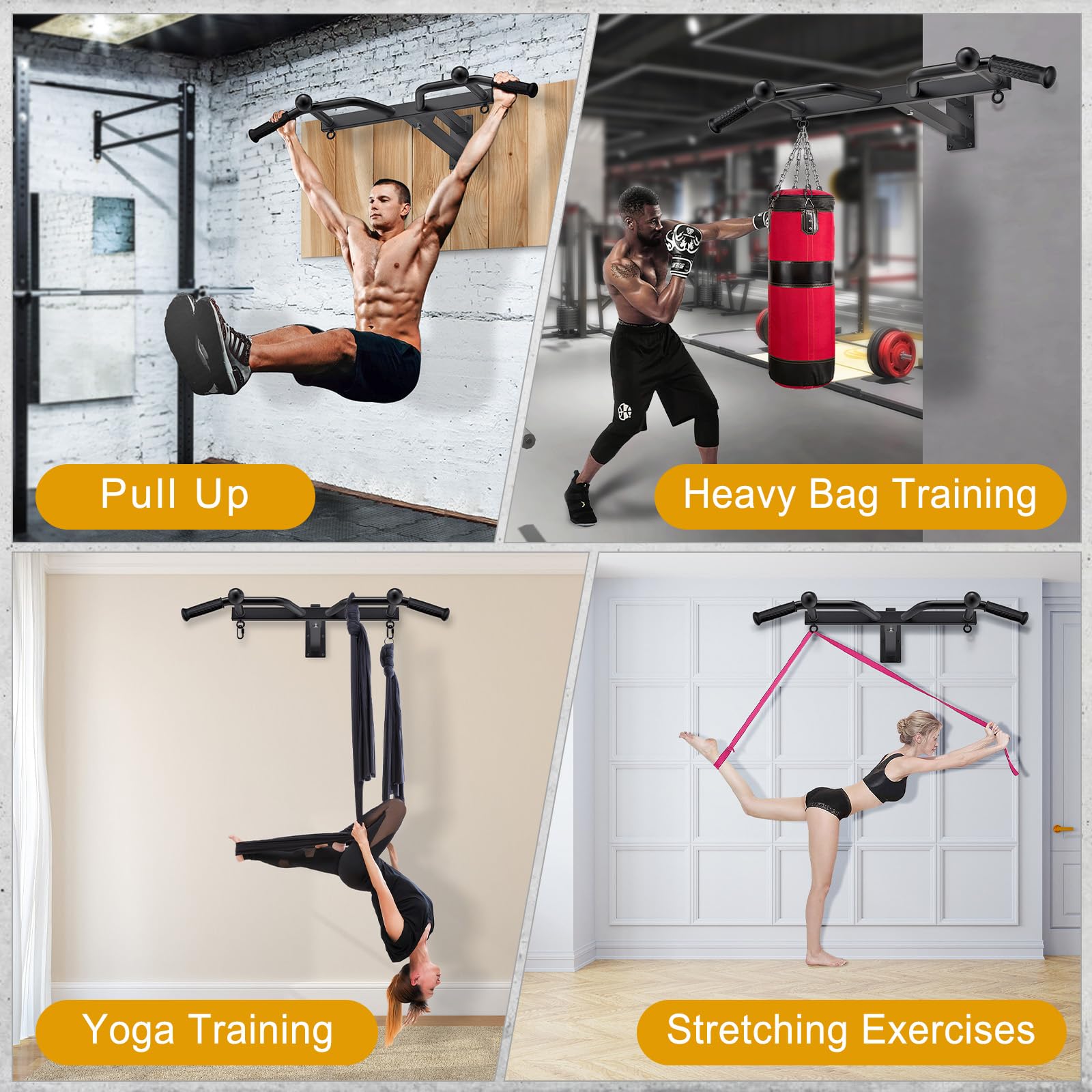 Kipika Hochleistungs-Wandklimmzugstange, 24 Zoll Abstand zwischen Wand und Stange, multifunktionale Klimmzugstange, Ballfingergriff-Training, Heimfitnesssystem für das Ganzkörpertraining