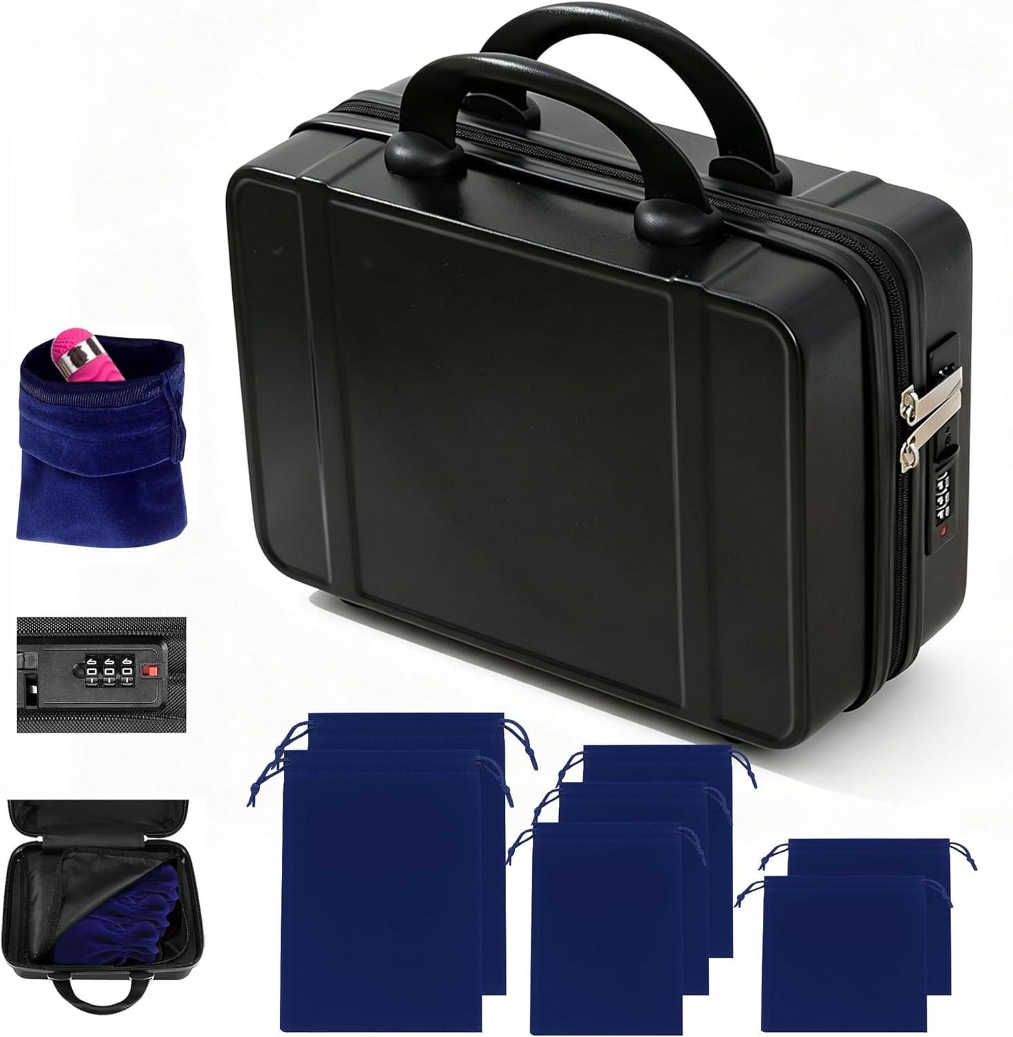 Adult Game Toy Storage Organizer Case with Combination Lock, Includes 7 Pcs Dark Blue Toy Storage Bags (Black)