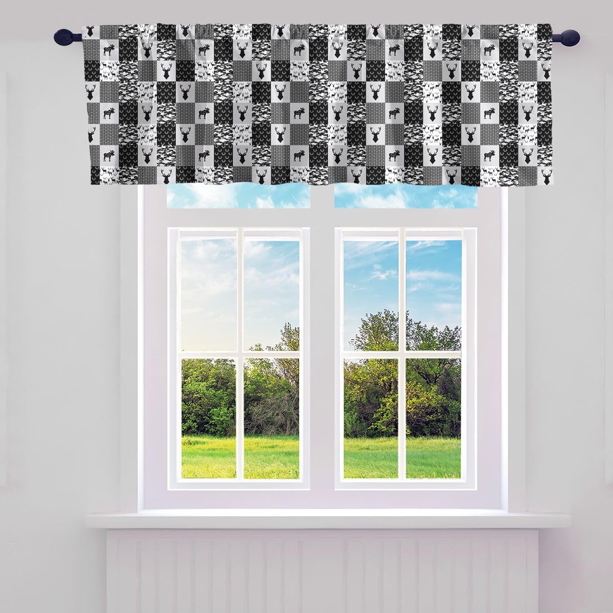 Deer Valance Curtains 52" W X 18" L, Antlers Blackout Valances, Arrow Window Curtains, Camouflage Plaid Blackout Valances, Wild Animal Nature Camo Check Window Treatment Valances, Black Grey