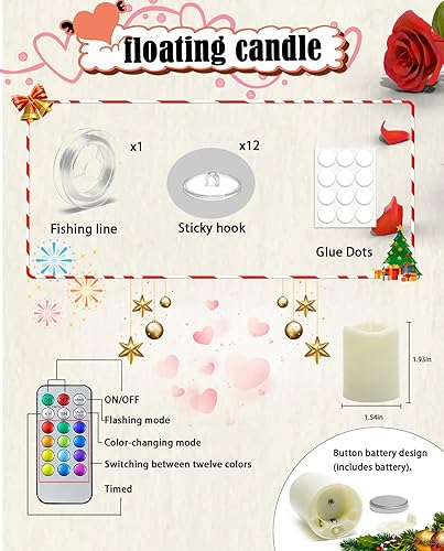 Miniatura 5 de 12 velas colgantes, velas de té que cambian de color, velas LED flotantes parpadeantes con control remoto, velas coloridas sin llama, 12 colores de