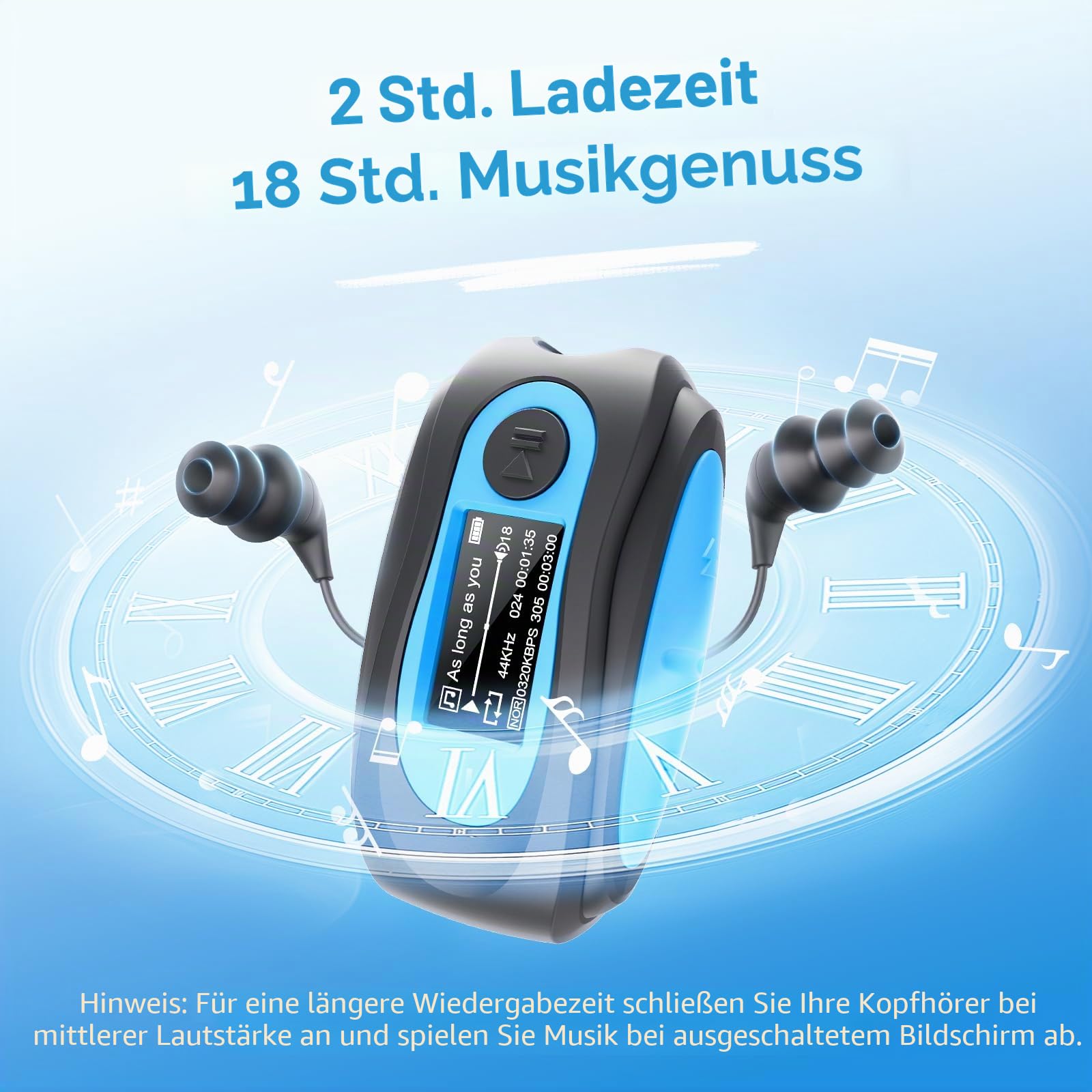 AGPTEK IPX8 Wasserdicht MP3 Player, 8GB HiFi MP3 Musik Player zum Schwimmen und Laufen, mit wasserdicht Kopfhörer, Audiokabel und 3 Paar Ohrstöpsel (L/M/S), unterstützt FM, Shuffle Funktion, Blau
