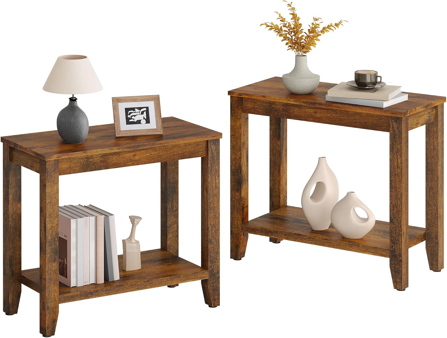 Hoctieon End Table with Double Storage Shelves, Sturdy Wooden Side Table for Living Room, Bedroom, Modern Nightstand Sofa Table for Small Spaces, Rustic Brown, Set of 2
