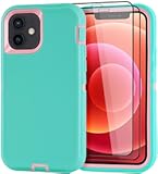 for iPhone 12&sol;for iPhone 12 Pro Case 6&period;1" with 2 Screen Protector&comma;Full Body Rugged Heavy Duty Military Grade Cover&comma;Shockproof&sol;Drop Proof Protection Phone Case &lpar;Light Blue Pink&rpar;