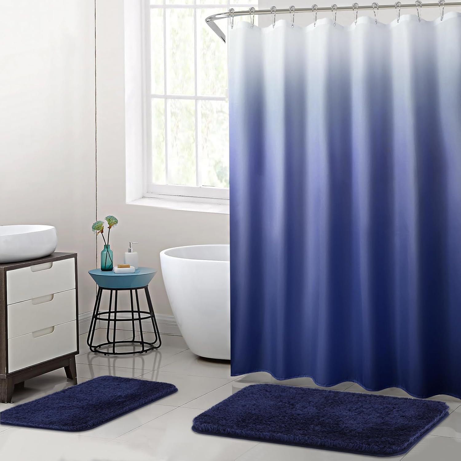 15 Pcs Navy Blue Bathroom Sets Complete with Shower Curtain Set, Non-Slip Rug and Bath Mat, Blue Bathroom Decor Set with Shower Curtain and Rugs and Accessories for Home Decor/Housewarming thumbnail