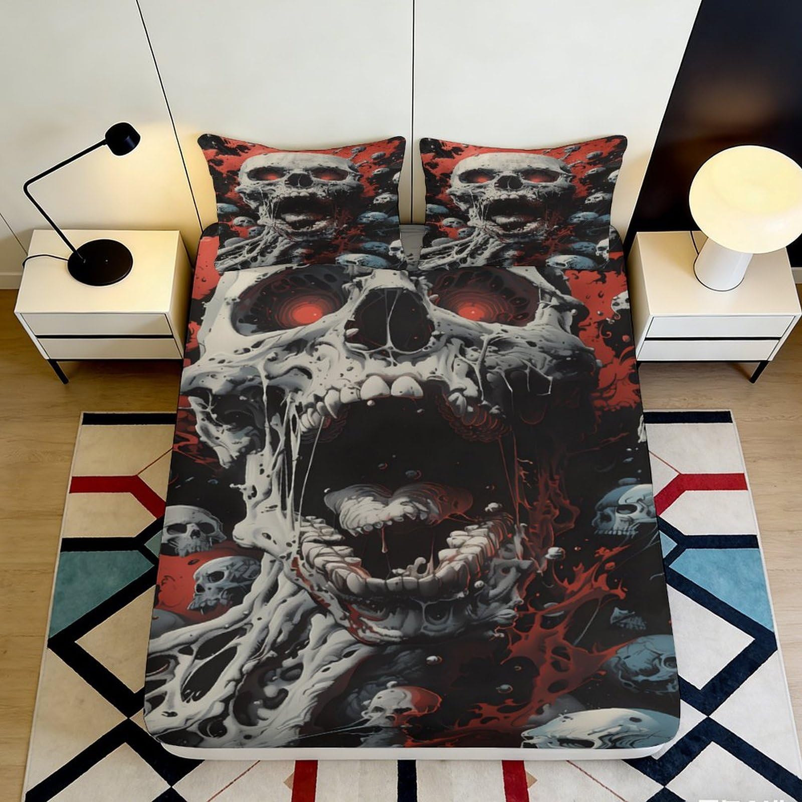 3D Printed Skull Fitted Sheet Microfiber Deep Pocket Bedroom Bedding Set Skull Mattress Fitted Cover Non-Slip Elastic Hem for Adults Teens 200x200x25cm 90x200x25cm