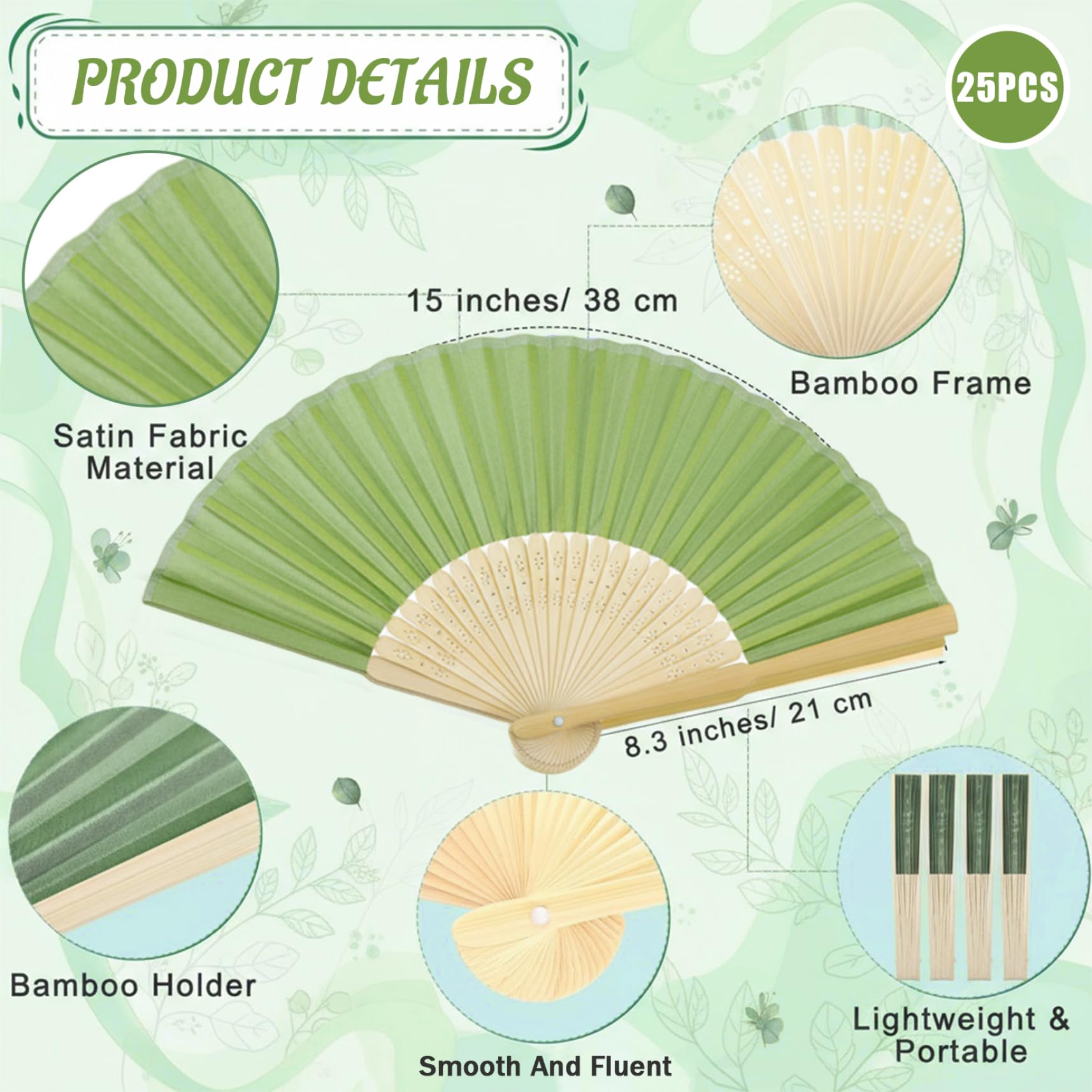 25er-Pack Faltbare Handfächer, Bambus-Seiden-Hochzeitsfächer für Gäste, tragbare 15-Zoll-dekorative chinesische Fächer für Partygeschenke und Heimdekoration, grün