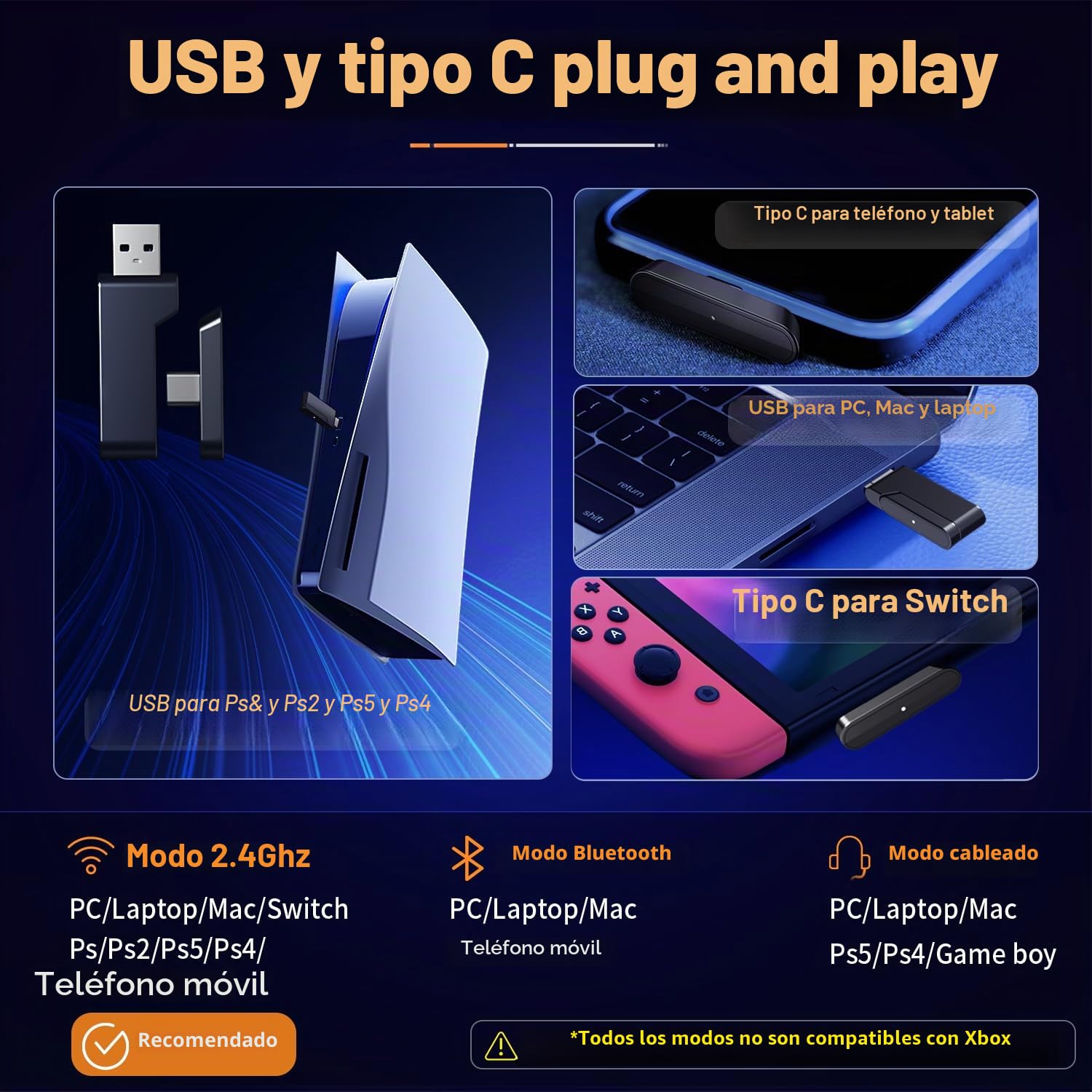 Ozeino Cascos Gaming Inalámbricos para PC/PS5/PS4, Auriculares Gaming Inalámbricos de 2,4GHz Wireless+Bluetooth, Baja Latencia Calidad de Sonido sin Pérdidas, Duración 30Hr+