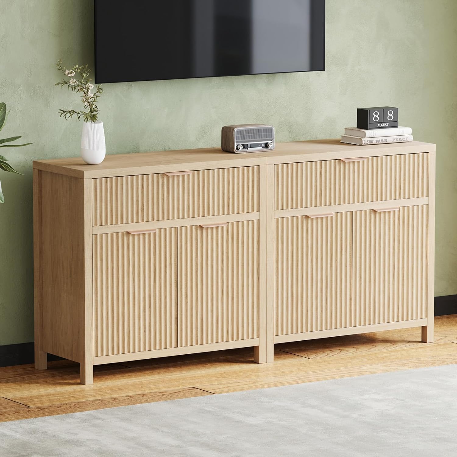 Svimi Fluted Sideboard Storage Cabinet with 2 Doors and 1 Drawer, Entryway Cabinet, Stable Accent Buffet Sideboards for Hallway or Living Room Oak