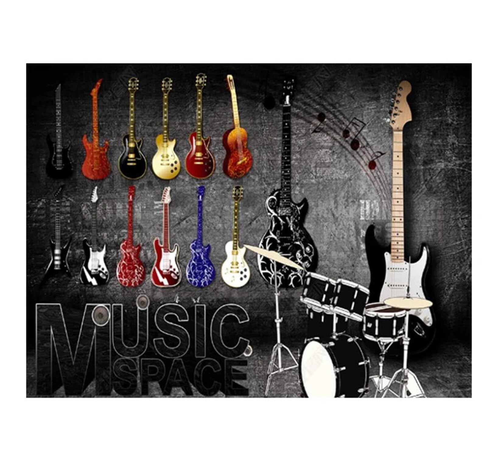 XLMING Nostalgico Musica Rock Colorato Strumenti Musicali Chitarra 3D Carta Da Parati Lusso Casa Soggiorno Divano Mobili Floreale Camera Letto TV Sfondo Muro-250cm×170cm
