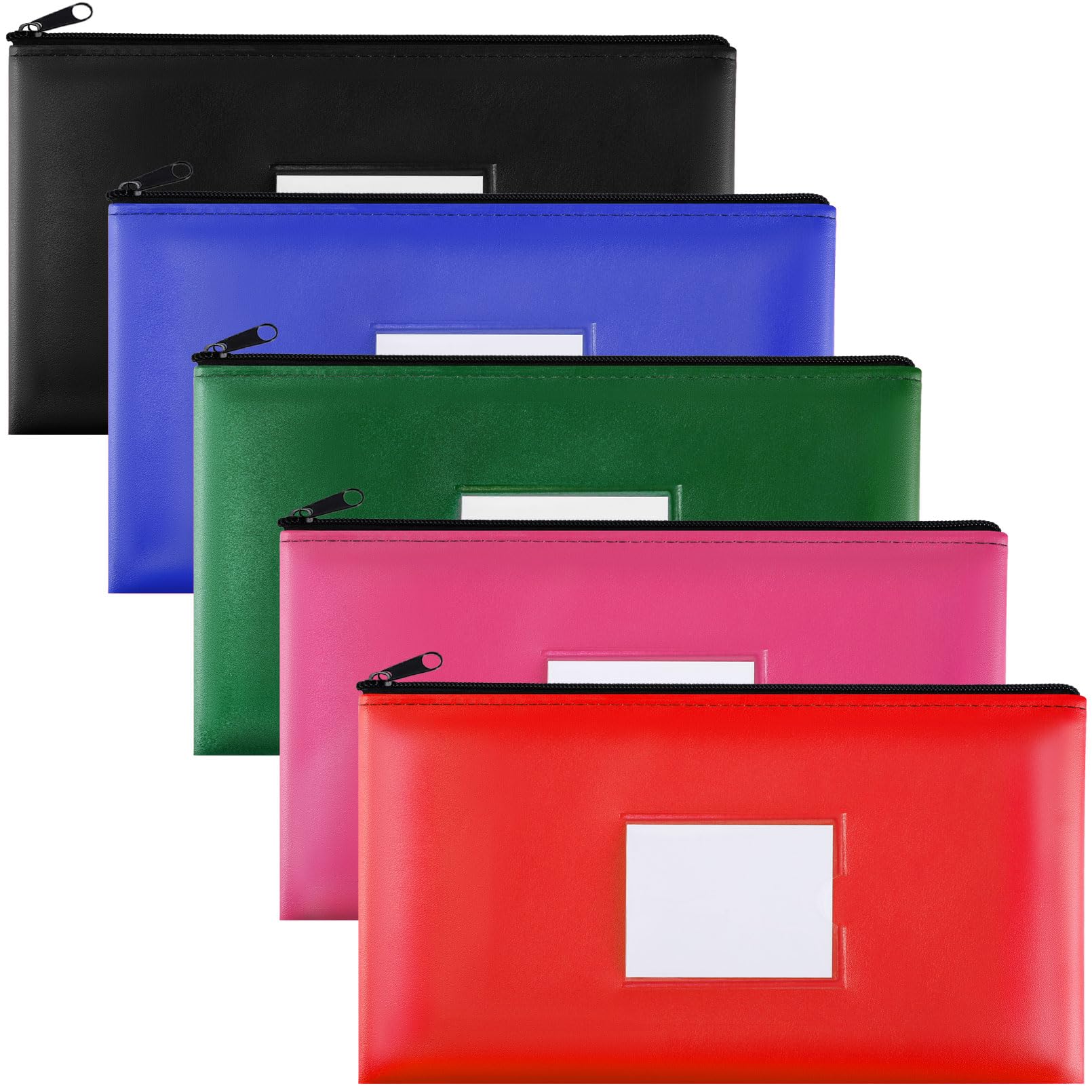 Jeffbaubl 5 Pack Money Bags with Zipper, PU Leather Cash Pouches with Label, Bank Deposit Bags, Bank Bag, Money Pouch for Cash, Coins, Cosmetics, Invoice, Bills, Tools, 11.5 x 6.2 inches(5 Colors)