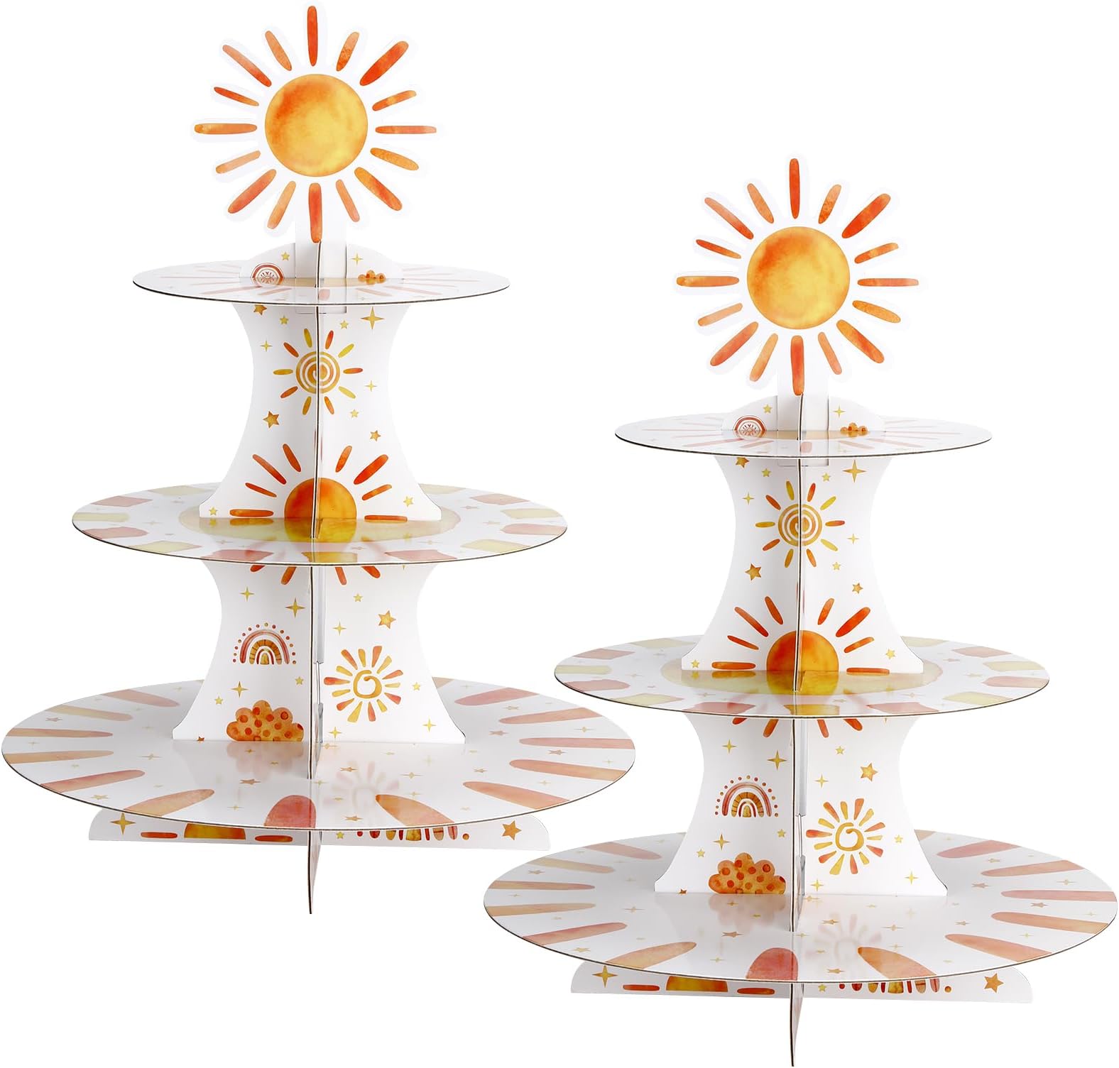 Tioncy 2 Set 3 Tier First Trip Around The Sun Cardboard Cupcake Stand for 24 Sunshine Cupcake Tier Stand Dessert Tower Holder for Birthday Party Baby Shower Decoration