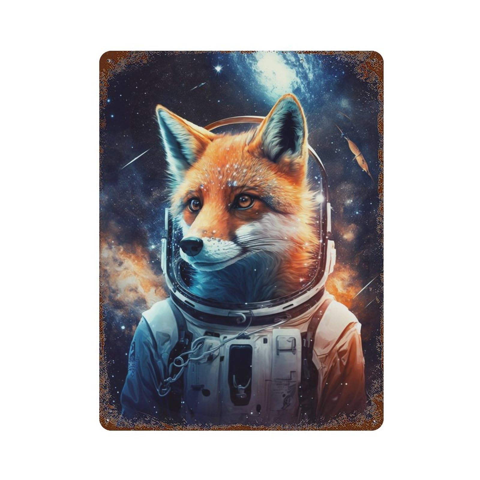 Distressed Metal Wall Sign Cosmic Fox Astronaut 15.7"x11.8", Old School Wall Decor for Bistro, Counter And Cafe Decor