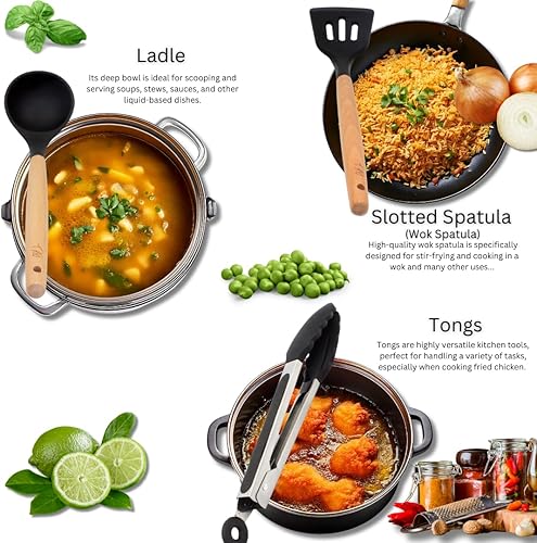 Miniatura 2 de Juego de utensilios de cocina de 14 piezas, con asas de madera, incluye espátula, batidor, cuchara ranurada, resistente al calor de 446 F con