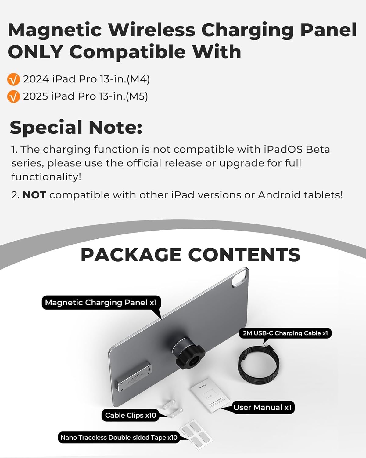 KU XIU Magnetic Wireless Charging Panle for iPad Pro 13'' M4/M5 Only, Aluminum Alloy Panle for 17mm Ball Head with 2M USB-C Cable, Wirder Compatibility Various Tablet Mount [Arm/Stand Not Included]