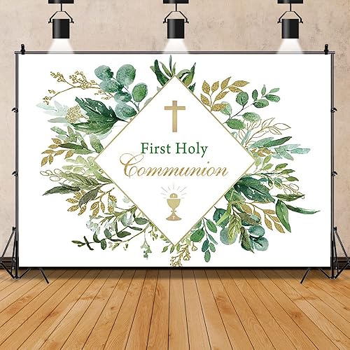 Telón de fondo de primera comunión de 6 x 4 pies con texto en inglés "God Bless Bautismo" Party Photography Background Green Gold Eucalyptus Leaves