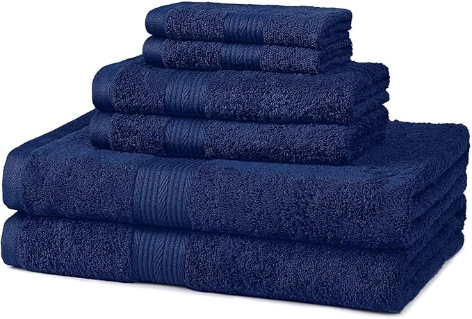 Amazon Basics 6-Piece Fade Resistant Bath towel, Hand and Washcloth Set - Cotton, Navy Blue, 14.25" L x 10.85" W