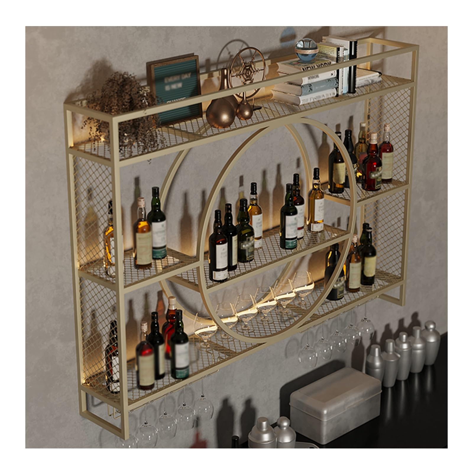 Étagère à vin murale moderne lumineuse 3 couches pour bouteilles