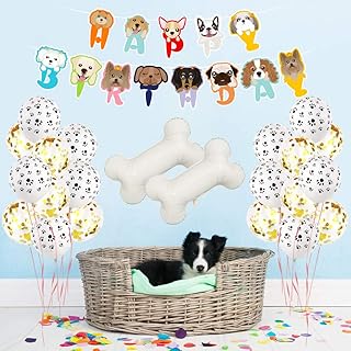 犬 誕生日 飾り付け パーティー セット 愛玩動物 ペット 可愛い happy birthday ガーランド バルーン 風船 ホワイト ゴールド 骨 紙吹雪入れ 風船 22枚セット (1)
