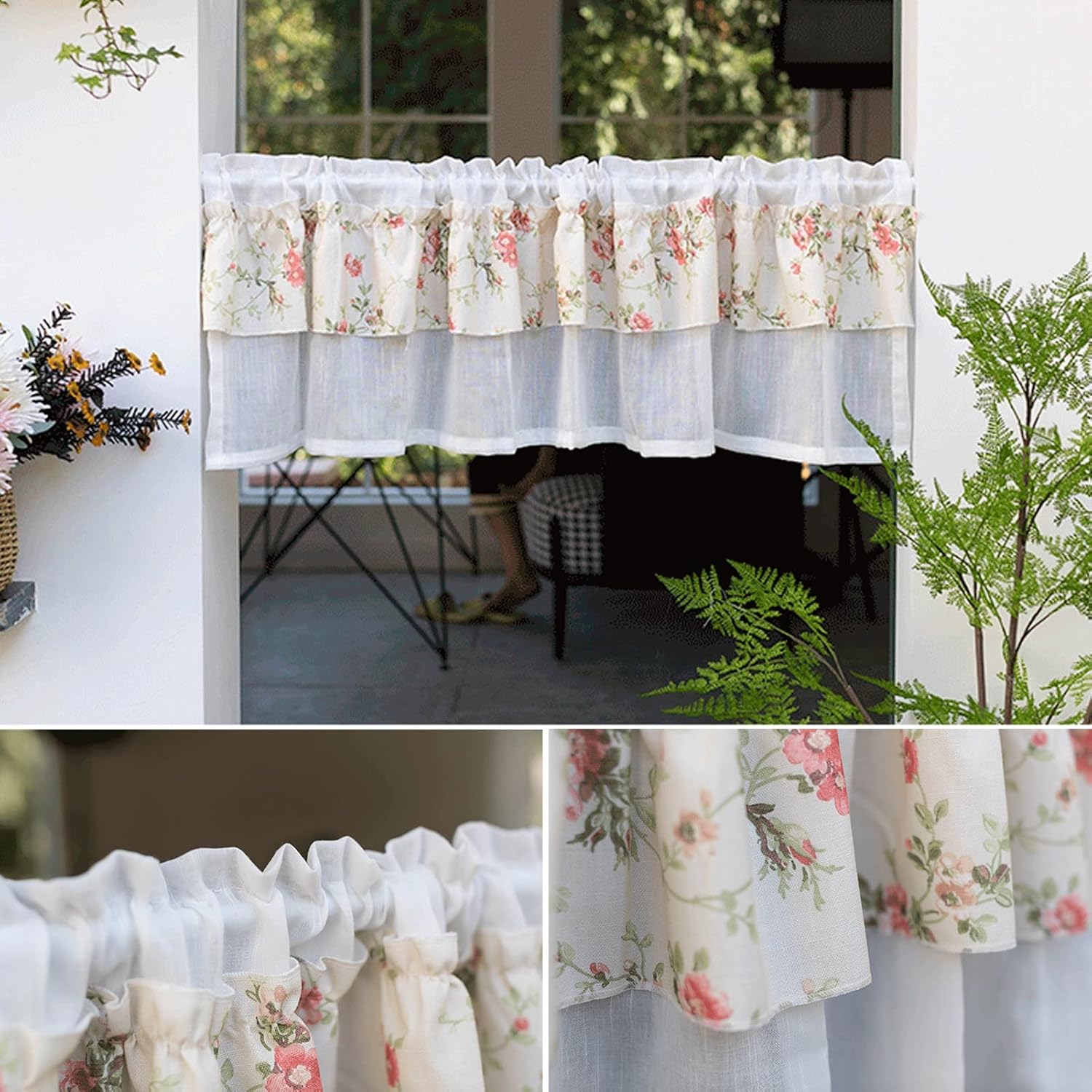 Short Kitchen Curtain, White Cotton Yarn Floral Double Tier Half Curtain Decor Valance Country Style, Small Window Panel for Cafe, Bistro, Bedroom, Rod Pocket (Size : W150xH60cm/59x23.6in)