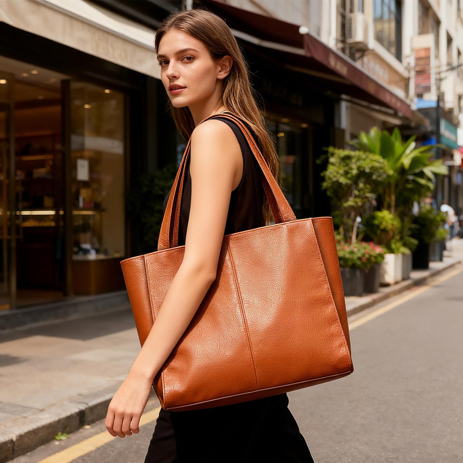 Genuine Leather Tote Bag for Women, Large Women's Leather Shoulder Bags, Tote Purses Satchel with Compartments Handbags - Image 2