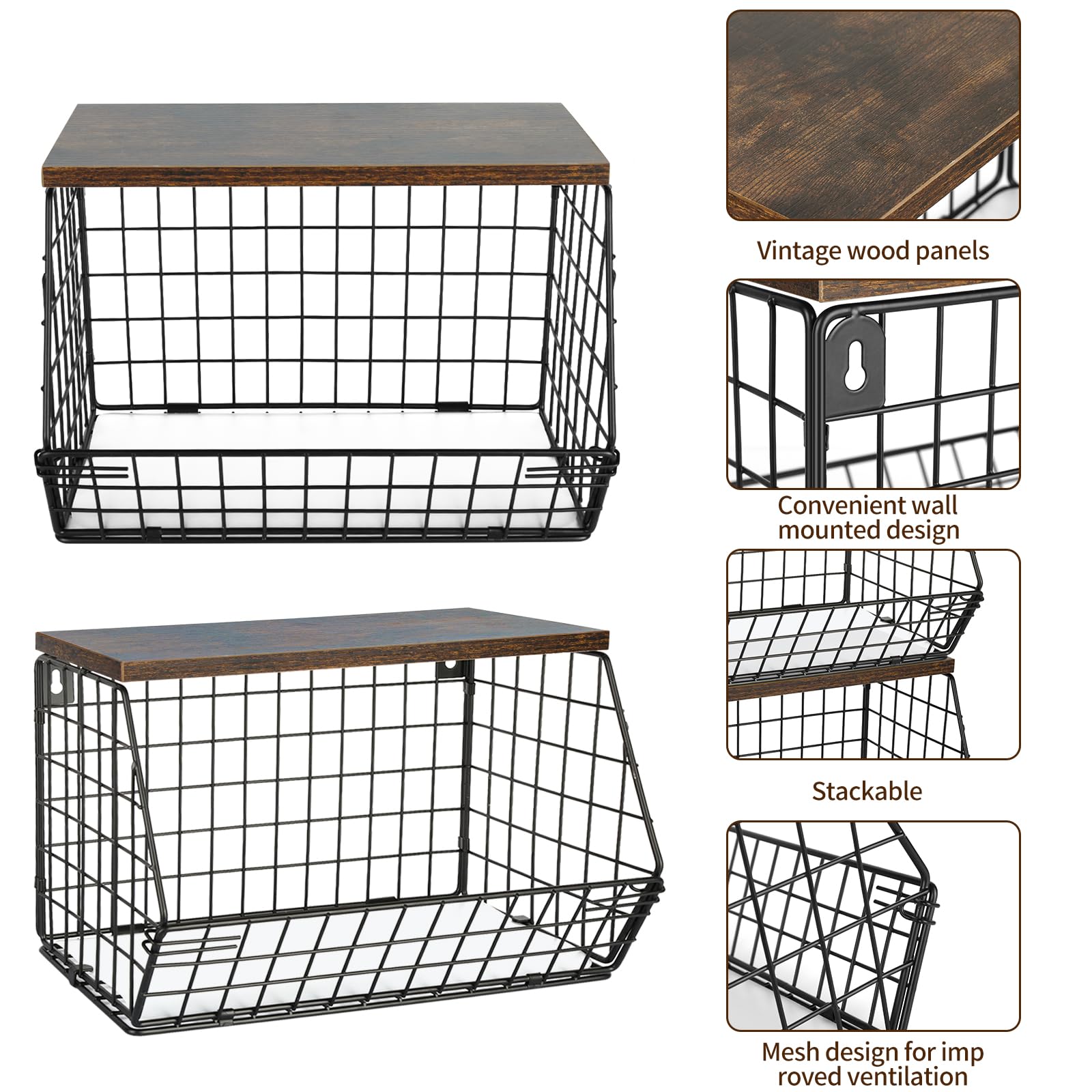 Cesta de frutas de pared con tapa de madera, cesta de almacenamiento para frutas y verduras de 30 x 20 x 21 cm (2 piezas), color negro