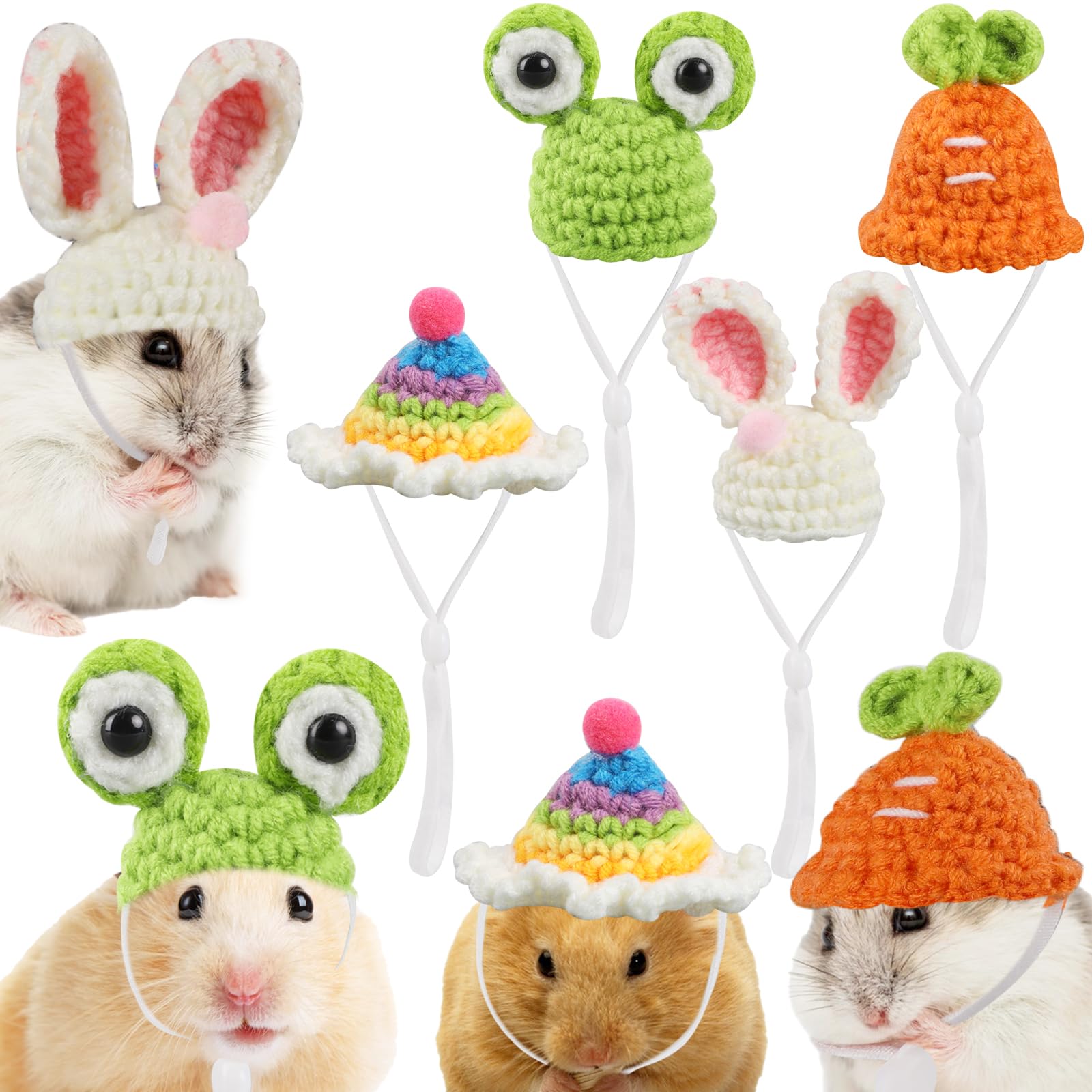 4 Pieces Hamster Hat Small Animals Cute Tiny Hat Mini Hand Knitted Hats with Adjustable Strap Frog Bunny Rainbow Carrot Mini Hat for Pets Guinea Pig Bunny Costume Accessories Holiday Parties