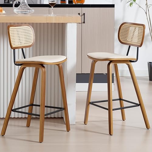 Miniatura 7 de Mid-Century - Juego de 2 taburetes de bar de piel sintética de 26 pulgadas con respaldo de ratán abierto, patas de madera, sillas de bar sin brazos