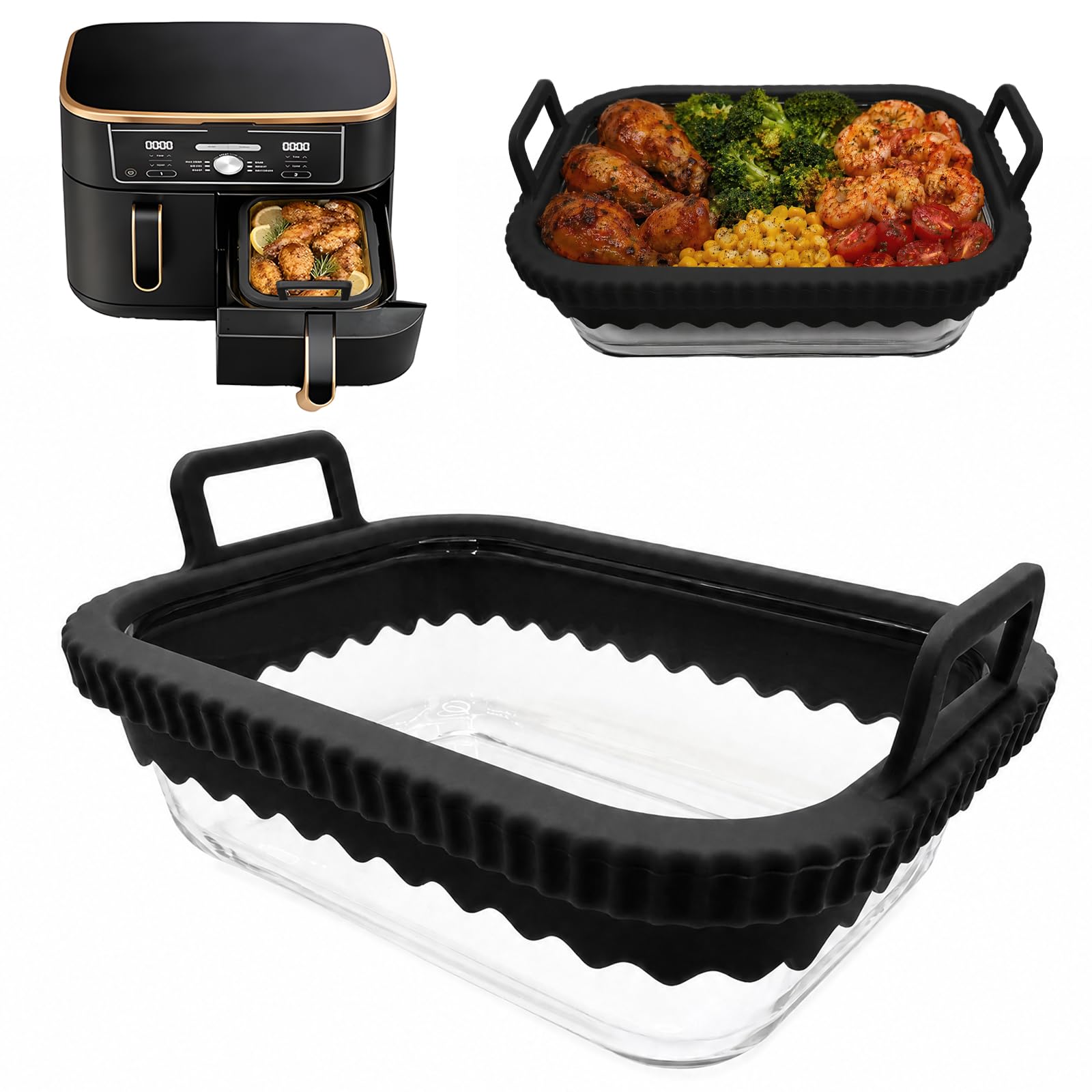 Glas Auflaufform für Ninja Heißluftfritteuse Zubehör AF400EU AF500EU – Hitzebeständig, Kratzfest, Spülmaschinenfest, BPA-frei, mit Silikongriffen, passend für COSORI 2 Kammern (Schwarz)