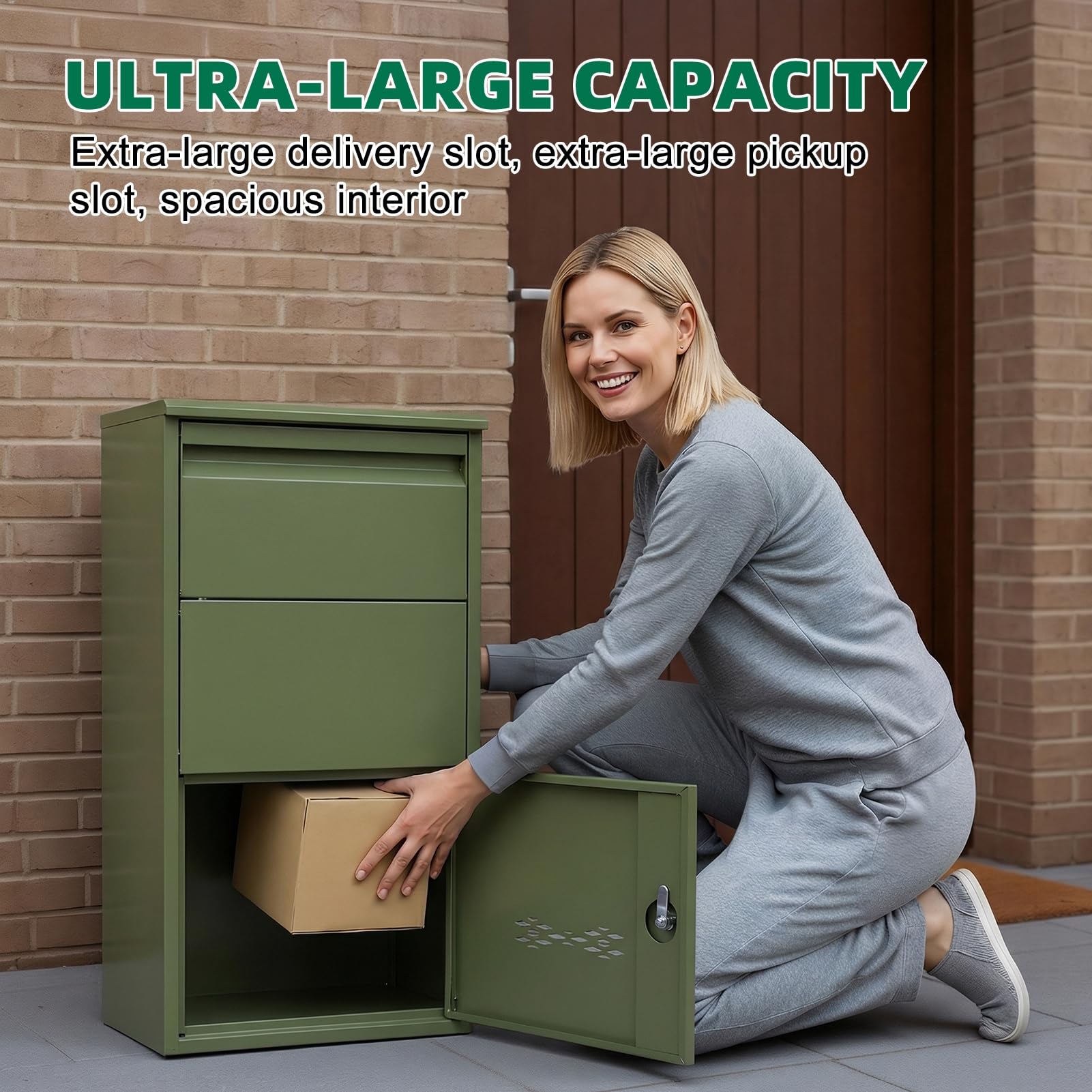 Große abschließbare Paketbox, wetterfeste Schlüsselverriegelung, Paketabwurfboxen, Outdoor-Lieferbox mit sicherem Frontzugang für mehrere Pakete, Grün, 75 cm 2