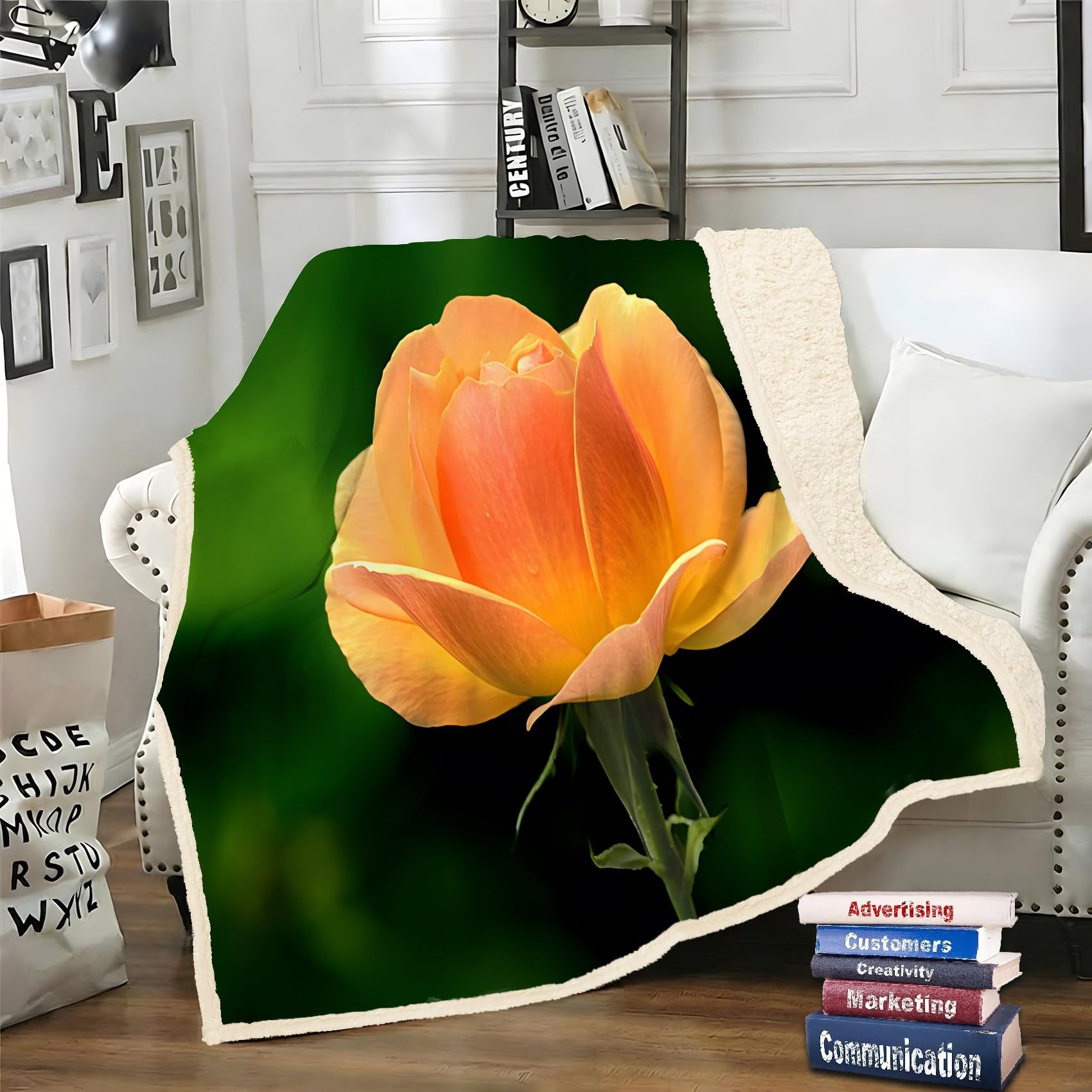 LLSZAHD Yellow Rose Sherpa Throw Flowers Soft and Fluffy Fleece Throw Blanket, Cozy Bed Throw for Sofa, Armchair or Travel, 130 x 170 cm