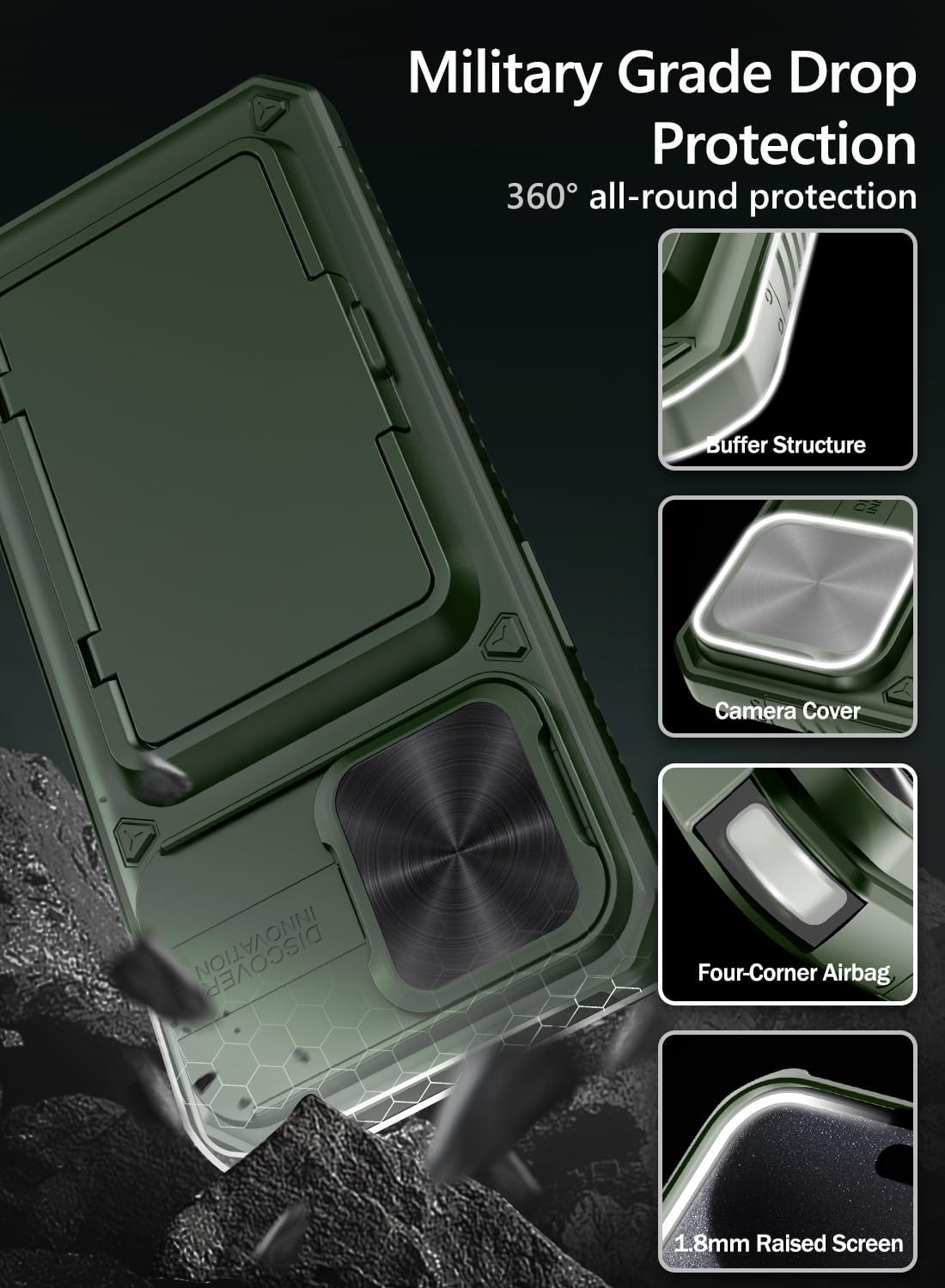 Vihibii for iPhone 15 Pro Max Case with Card Holder (4 Cards), Built-in 2X Tempered Glass Screen Protector & Slide Camera Cover & Kickstand, Military Grade Drop Protection, Rugged Wallet Case, Green