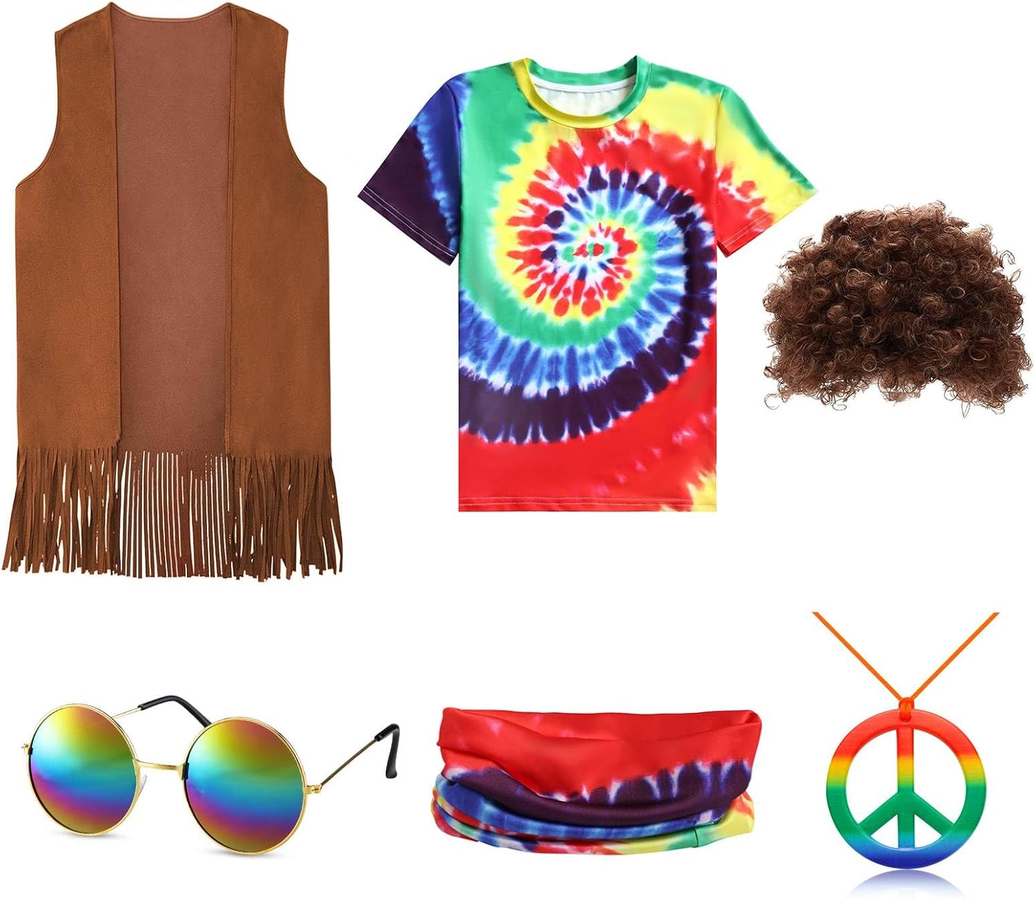 Boys 60s 70s Outfits 6 Pcs Hippie Costume Set Fringe Vest Kids Tie Dye Shirt Accessories for Halloween Carnival Party