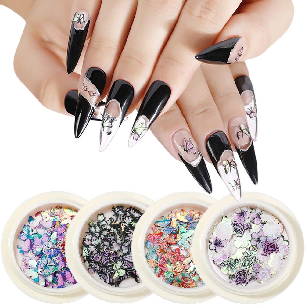 Macute Nail Color Butterfly Flower Wood Pulp Nail Sequins, 4 Boxes Gradient Butterfly Nail Art Glitters Holographic Laser Confetti Thin Flake Manicure Accessories Stickers for Women Nail Art Designs