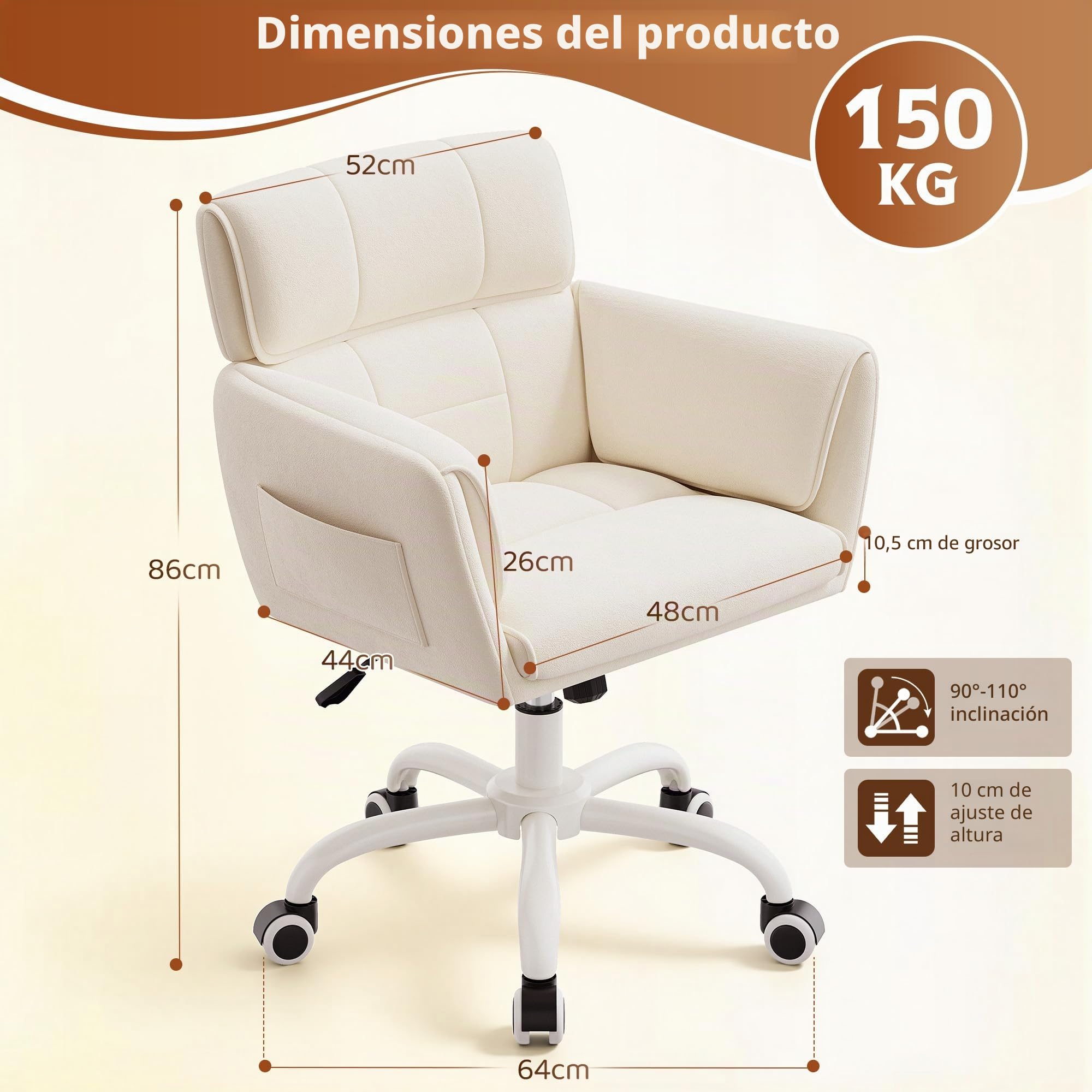 Silla de Escritorio con Ruedas, Silla de tocador Terciopelo, Altura Regulable e inclinable, Adecuada para Oficina, habitación y Estudio, Familiar, soporta hasta 150kg, Blanc