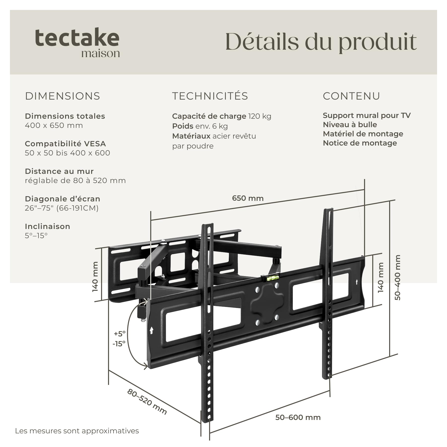 tectake® Support TV mural Téléviseurs 32"-100" (81 à 254cm) Support mural TV inclinable, orientable Accroche Television Mural, VESA max 600x400, Charge max 120kg, Support TV, Écart mur réglable 8-52cm