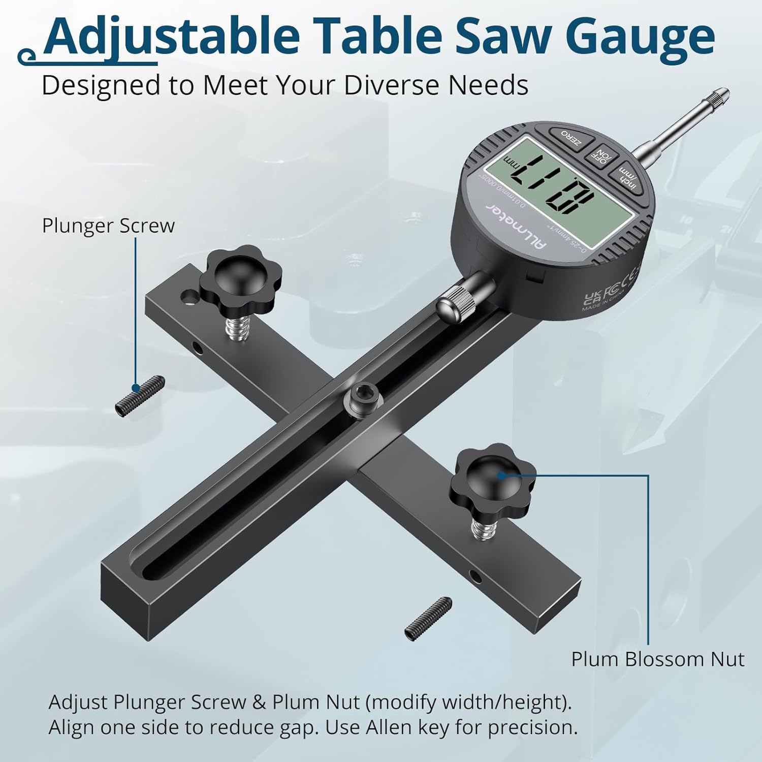 Digital Table Saw Gauge | Straight-Through Chute Design | 0.01mm Precision Dial Indicator | 3/4"(19mm) Aluminum Bar | for Blade/Fence/Arbor Alignment | Fits Saws with ≥3/4" Miter Slots