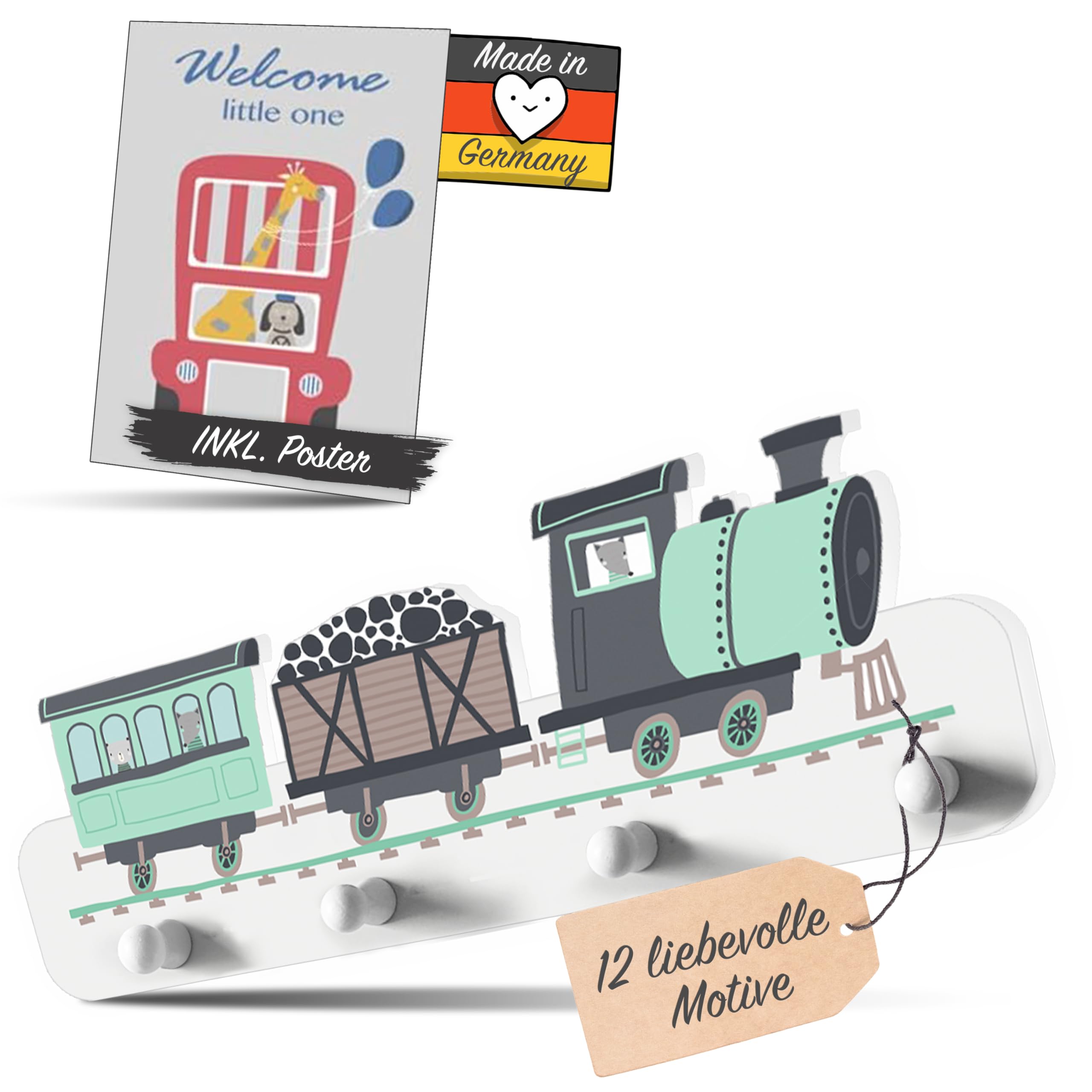 Kindsblick® Lokomotive Kindergarderobe in Mintgrün inkl. niedlichem A4 Poster - Garderobe Kinder Edition mit 4 Haken - Wunderschöne Kinder Garderoben Deko - Kindergarderobe Maße (38 x 15 x 1 cm)