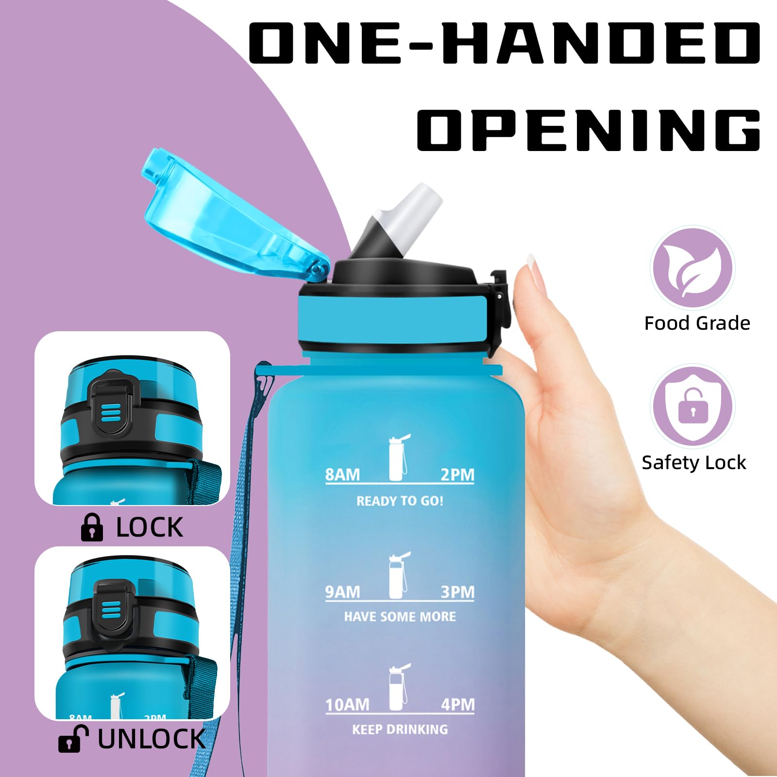 Mujigaga Borraccia 1,5 litri, Borraccia con Cannuccia, Senza Perdite, Borracce Motivazionale, Facile da Pulire, Con Chiusura di Sicurezza, Borracce per Fitness, Escursionismo, Corsa, Yoga, Nuotare