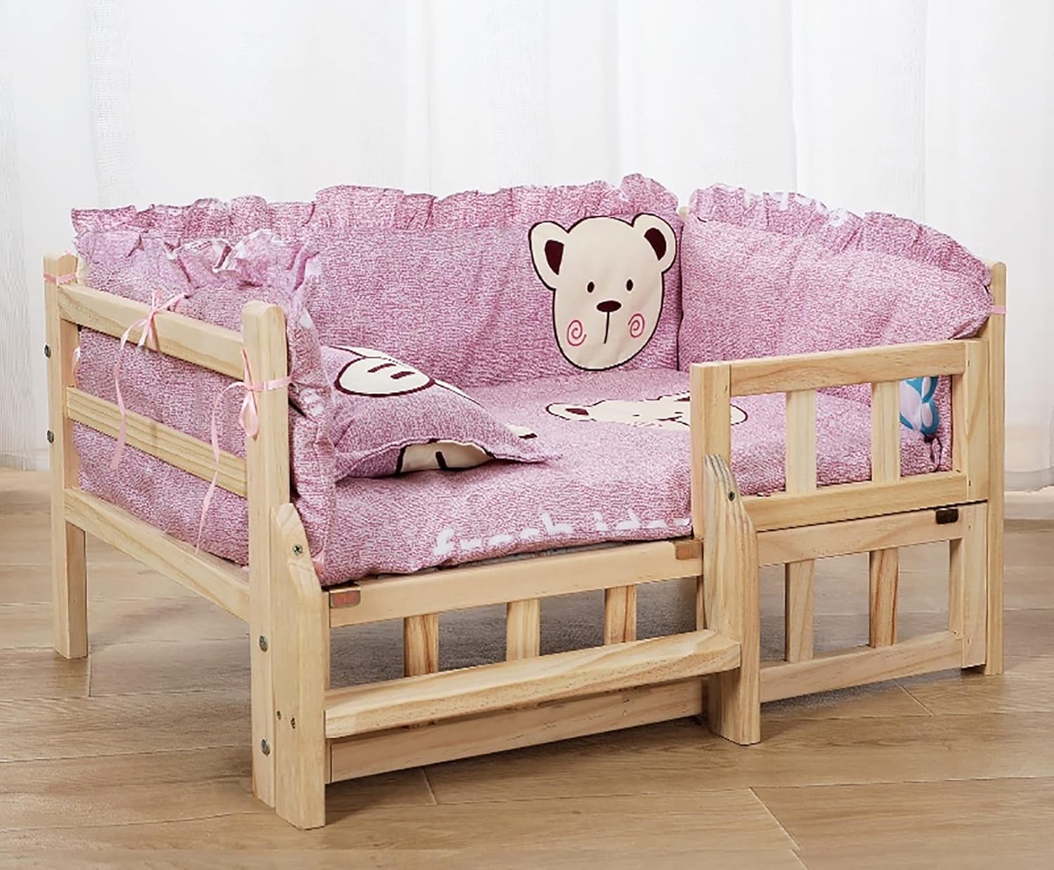 Home Pink Raised Pet Cot with Cute Bear Pattern, Wooden Orthopedic Joint Dog Couch Sofa with Bedding, for Small, Medium, Large Dogs ＆ Pets (Color : Style2, Size : XL112x64x38cm/44x25x15) (Style3 XL1