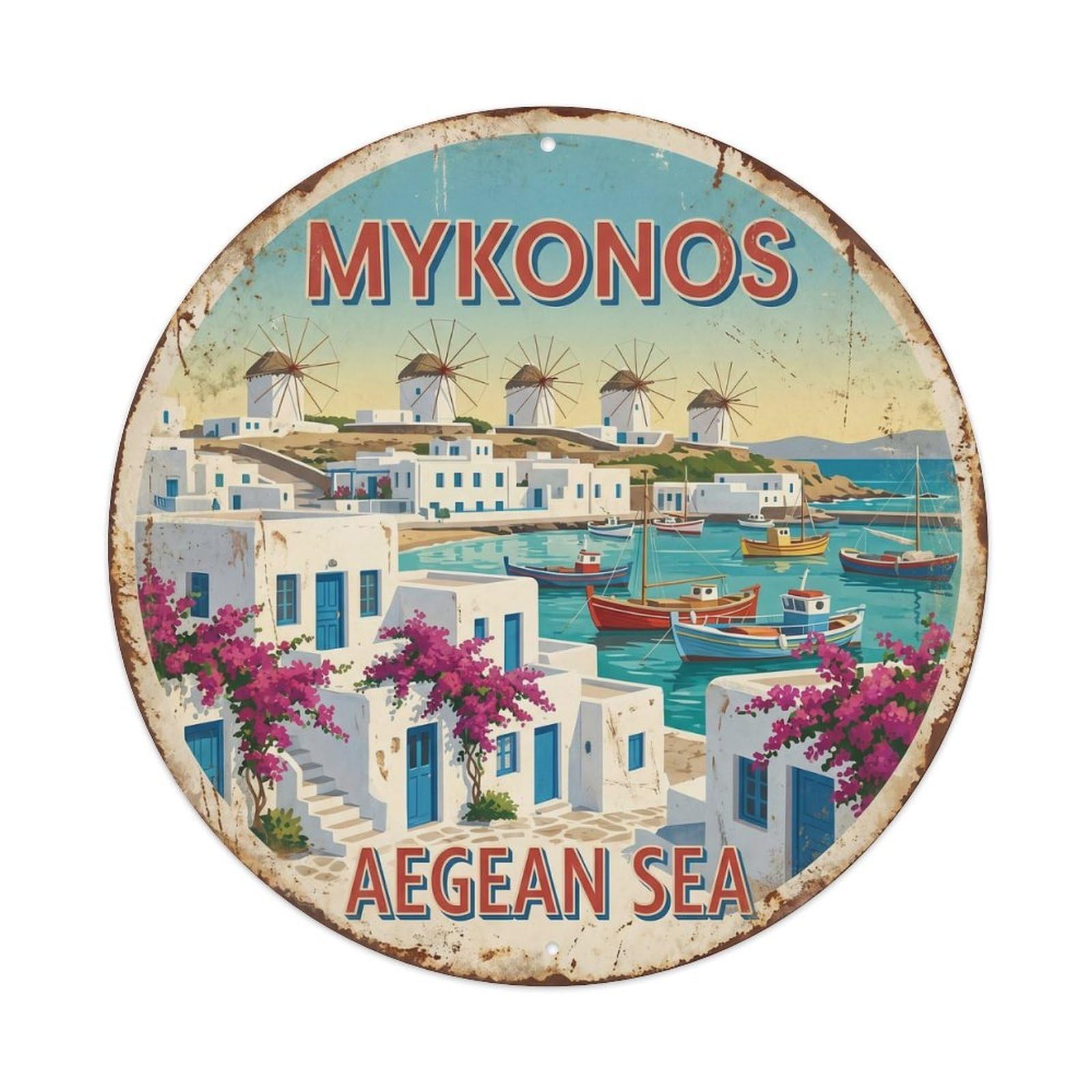 Vintage Travel Mykonos Windmills Harbor Metal Tin Sign