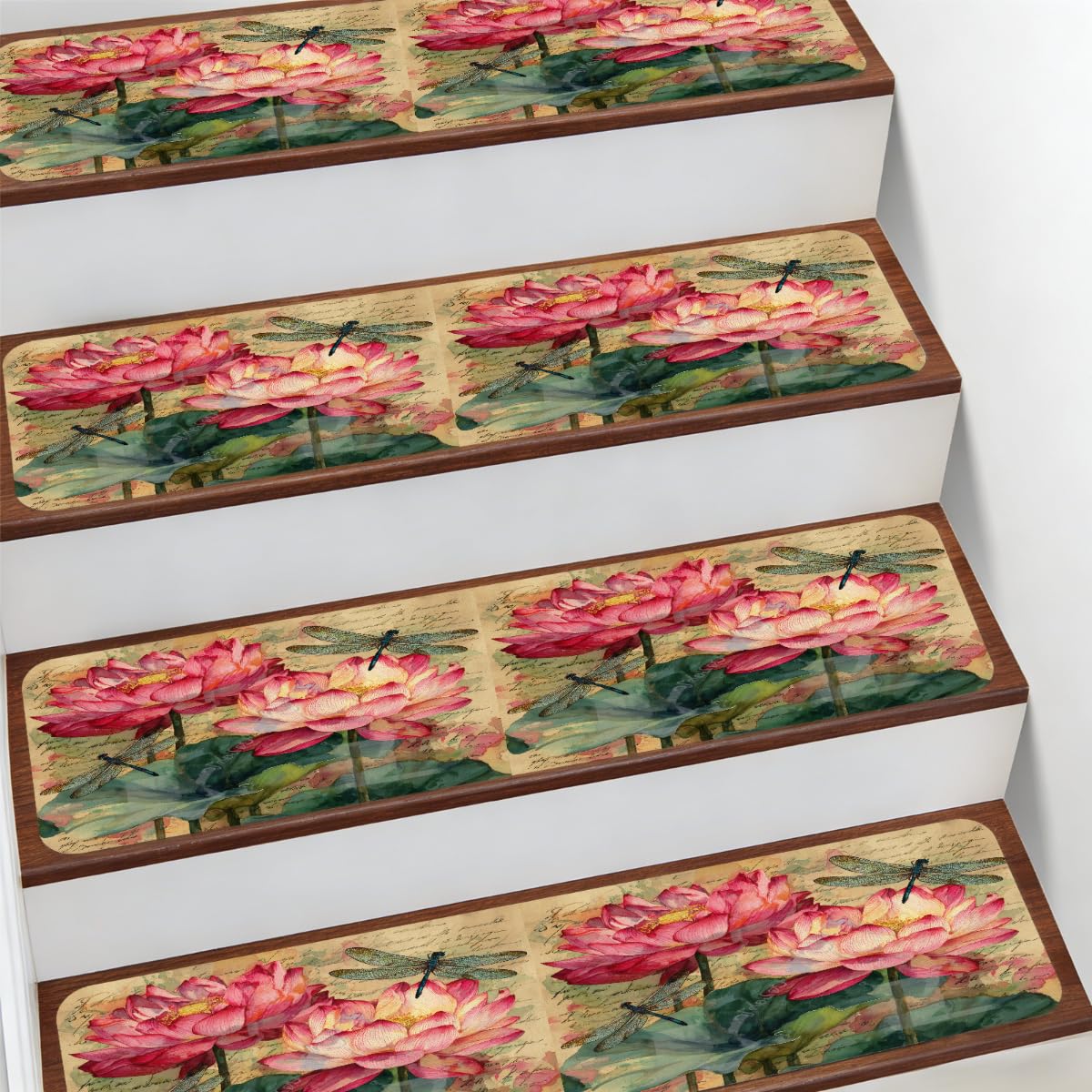 Protectores de escalera para interiores con diseño de lotos vintage acuarela y libélulas