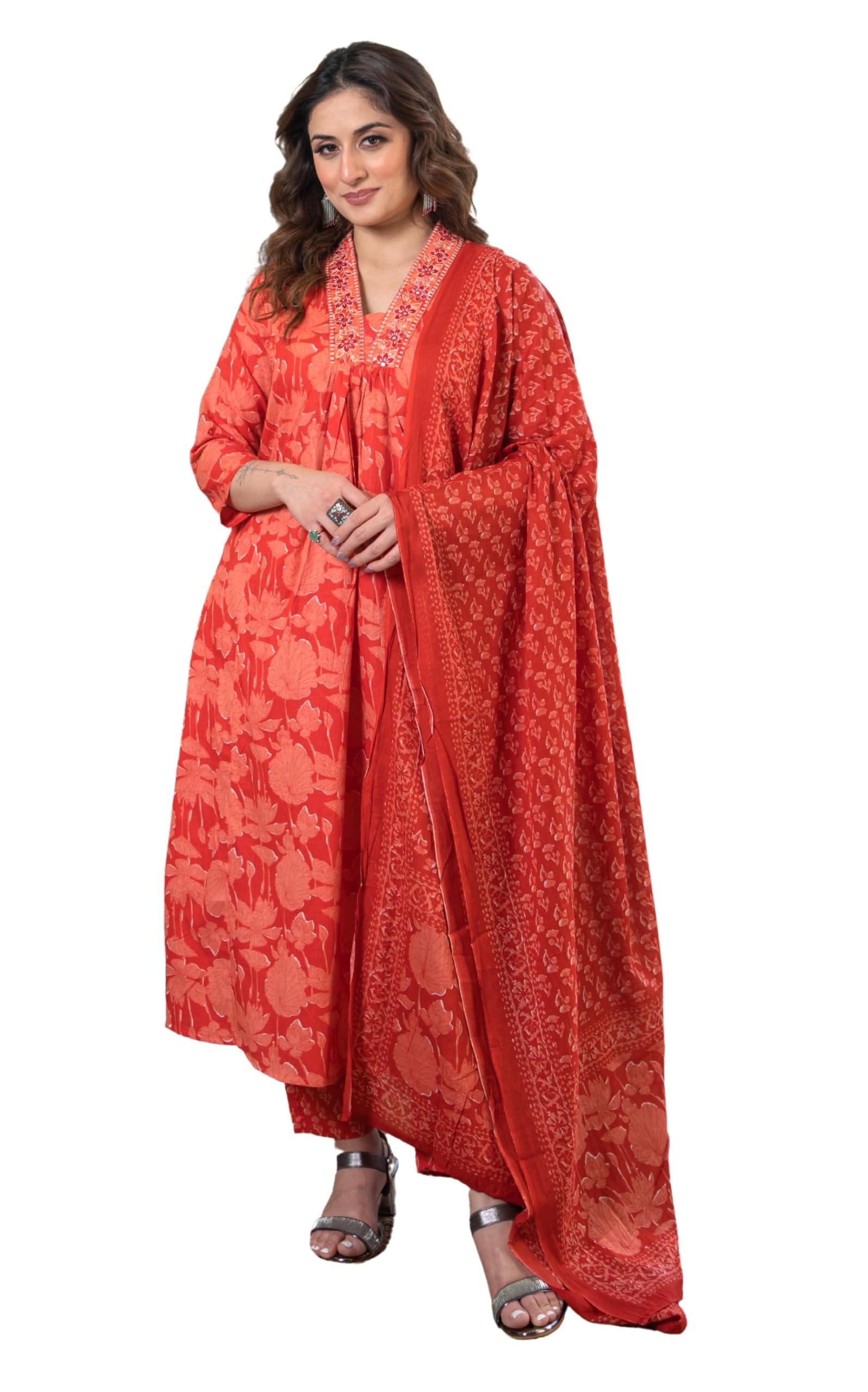 Women's Pure Cotton Block Printed Ethnic Wear Kurta Set with Palazzo & Dupatta-image-29